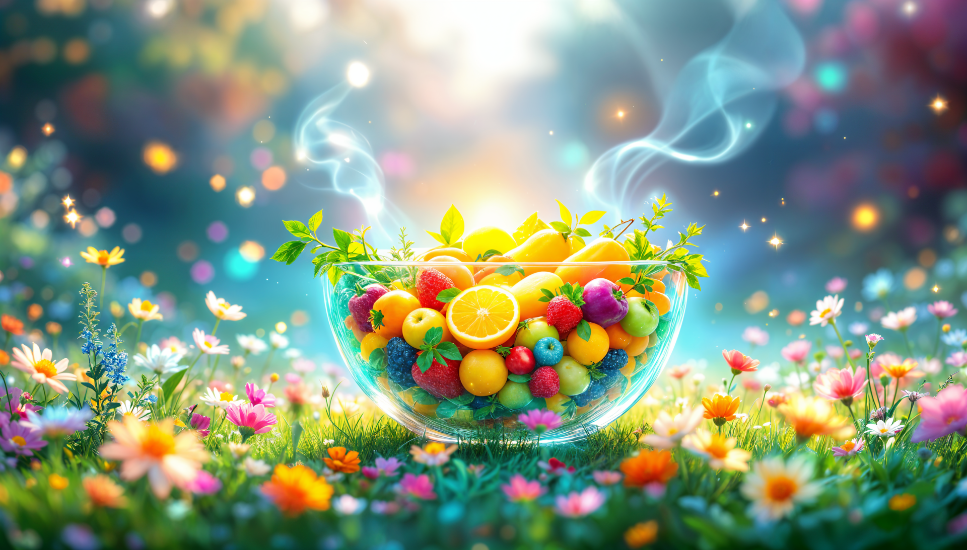 A vibrant bowl of colorful fruits surrounded by flowers, set against a dreamy, softly lit background. A beautiful 4K Ultra HD desktop wallpaper celebrating healthy eating.