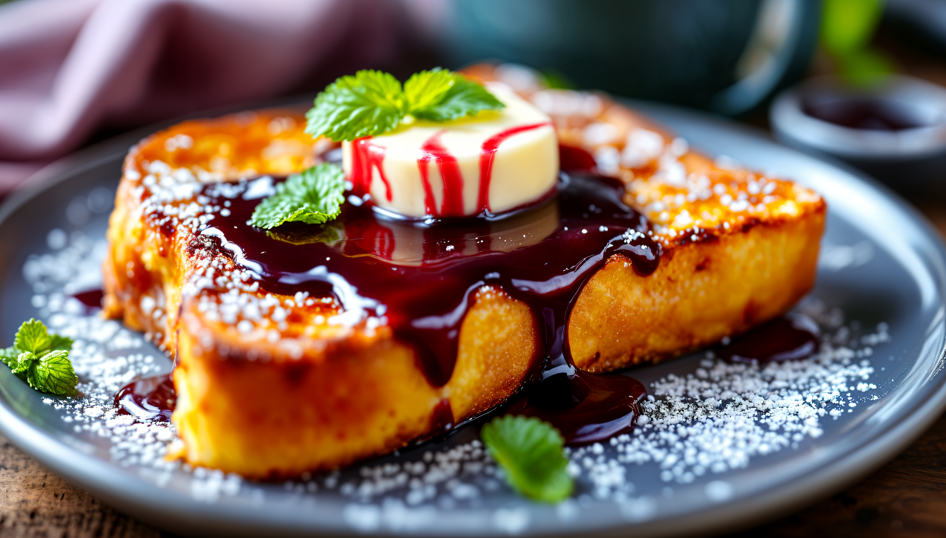 Deliciously golden French toast with a rich berry sauce and a pat of butter, garnished with mint, featured as a stunning 4K Ultra HD desktop wallpaper.
