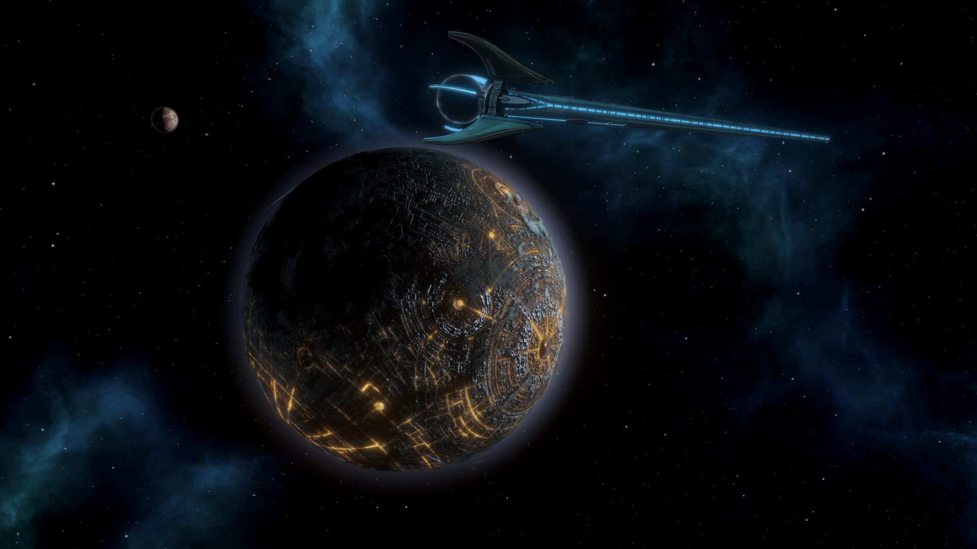 4K Ultra HD PC desktop wallpaper and background: a lava-fissured alien planet in shadow with a sleek ringed spacecraft trailing light across a blue nebula and starfield.