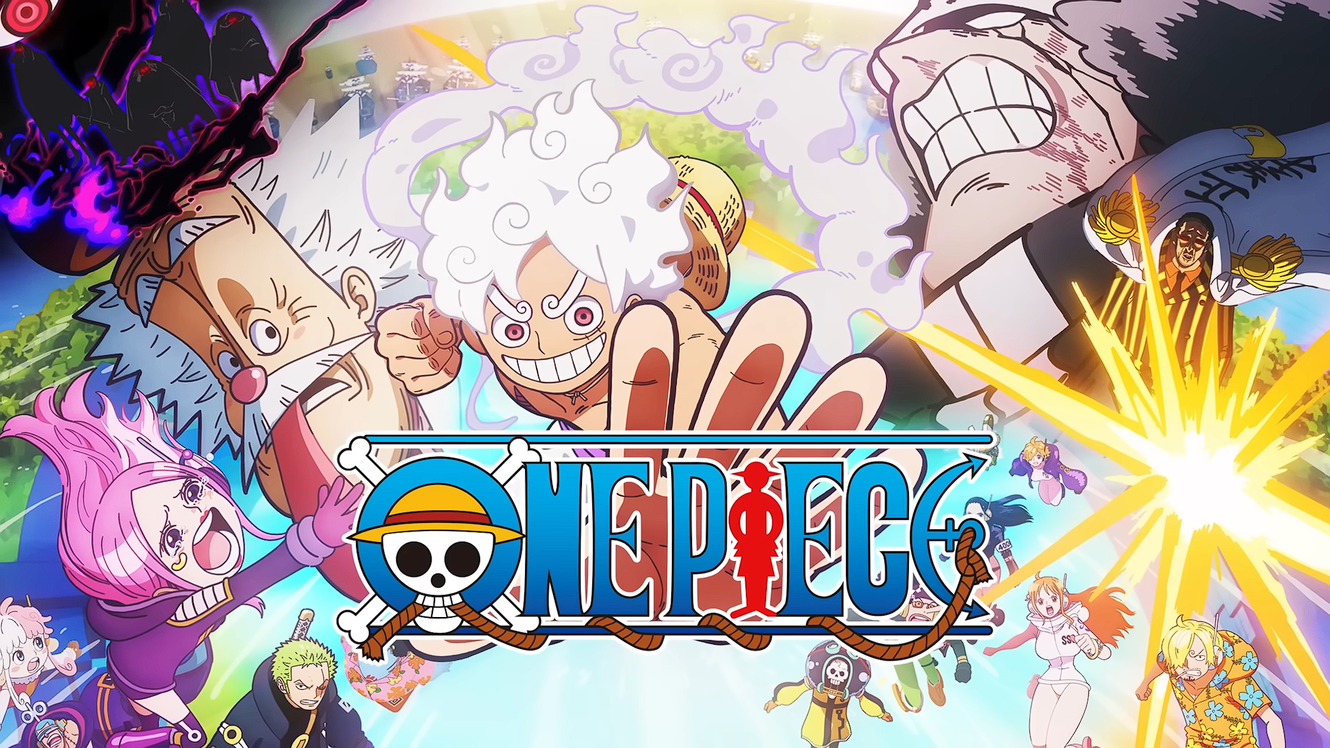 HD anime PC desktop wallpaper featuring dynamic characters from One Piece with the series logo prominently displayed in the center.