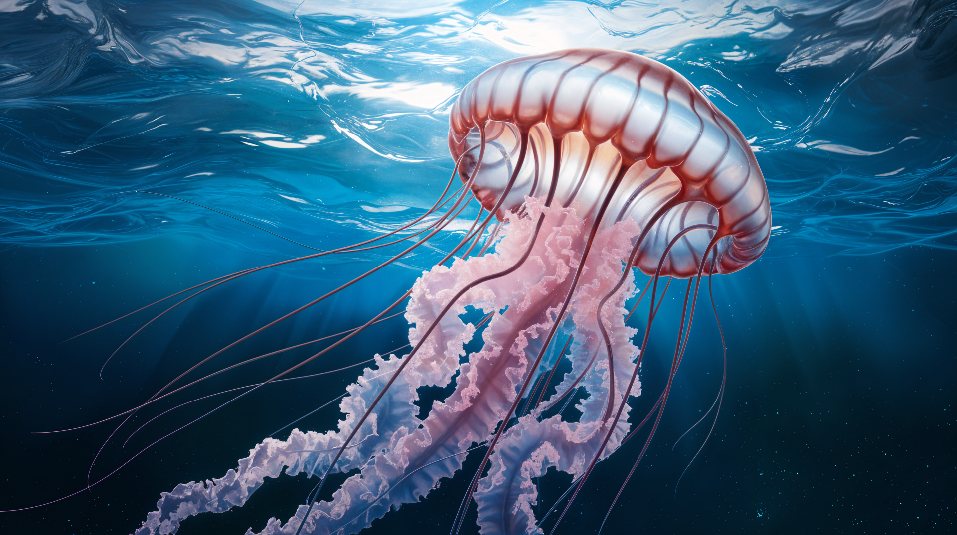 A stunning 4K Ultra HD wallpaper featuring a vibrant jellyfish gracefully swimming through clear blue waters, showcasing its intricate tentacles and ethereal beauty.