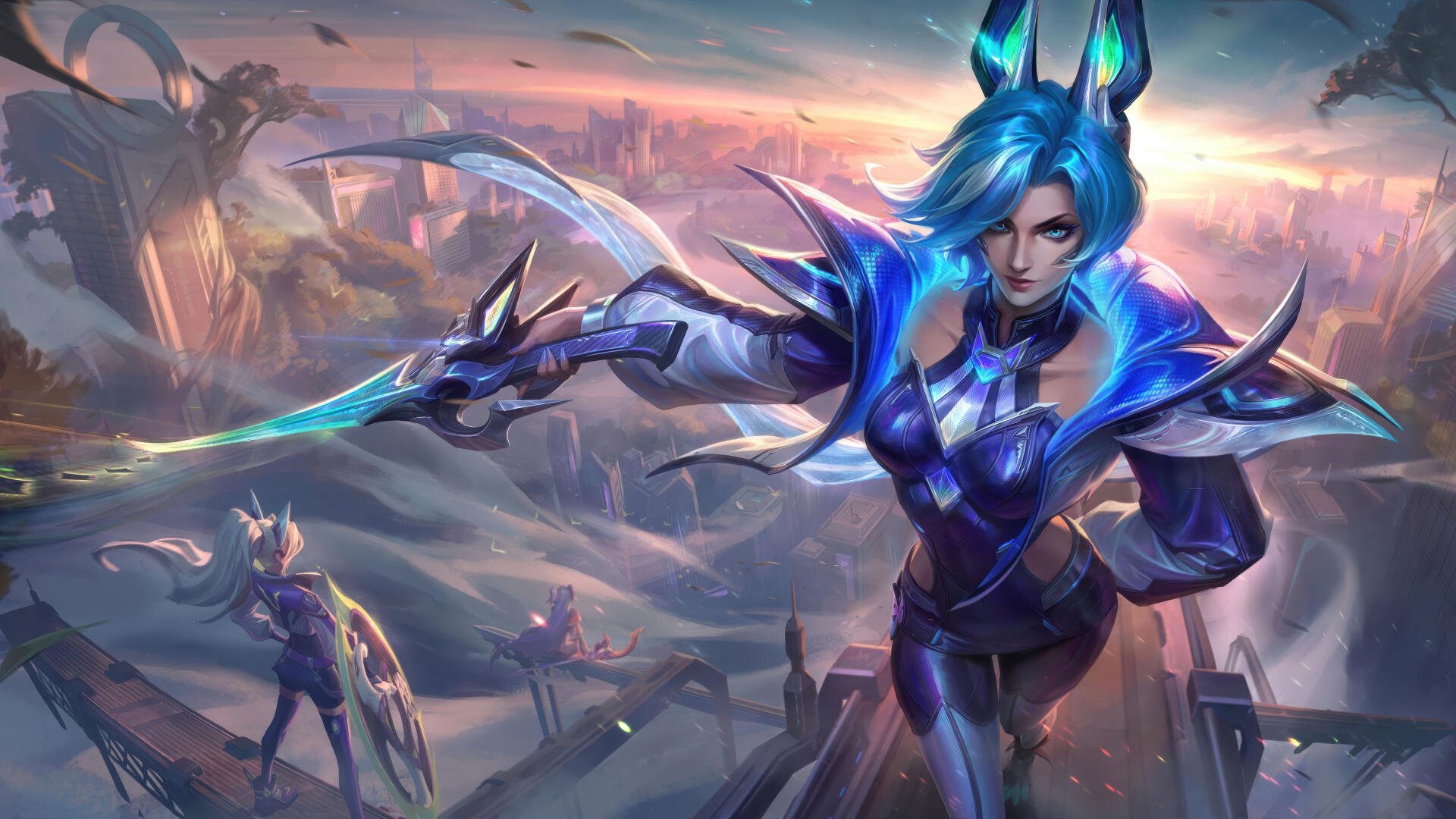 Fiora from League of Legends stands confidently in this stunning 8K Ultra HD wallpaper, showcasing her striking blue hair and elegant armor amidst a dramatic landscape.