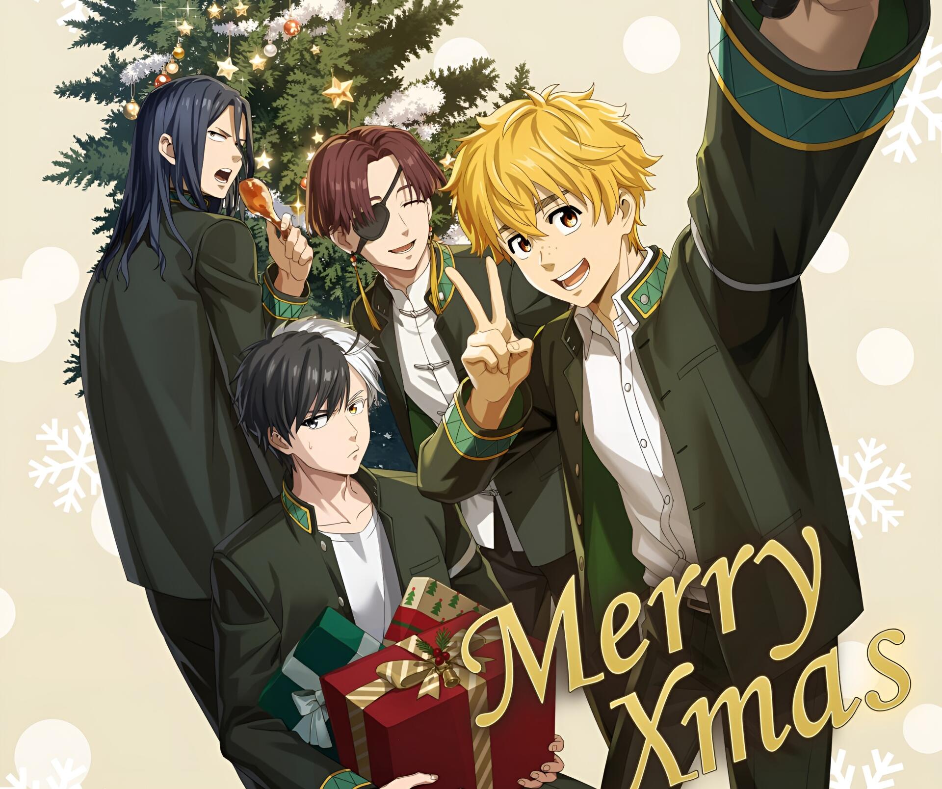 Anime-style Wind Breaker characters pose together in a festive HD PC desktop wallpaper, capturing a cheerful holiday moment with detailed expressions and vibrant colors.