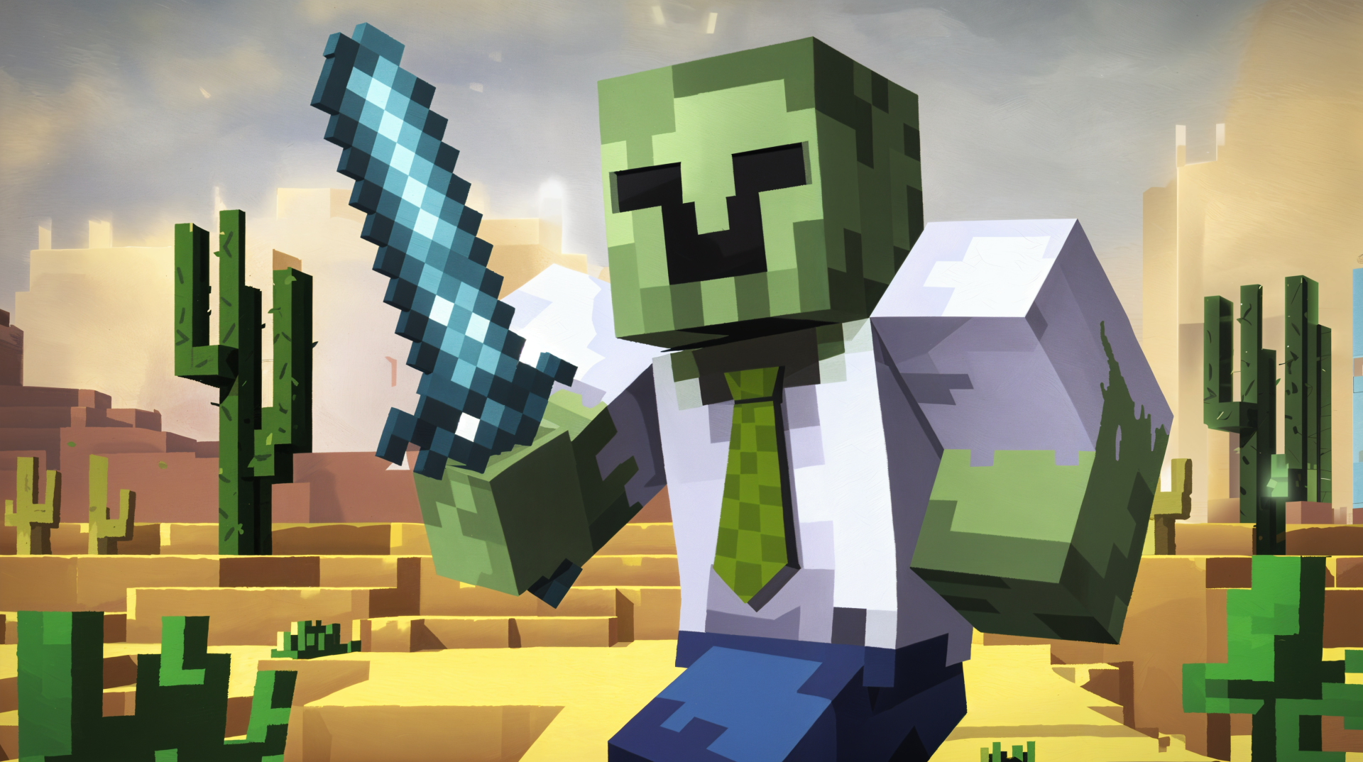 A Minecraft zombie character dons a shirt and tie, brandishing a sword amidst a desert landscape, captured in vibrant 4K Ultra HD for a dynamic desktop wallpaper.
