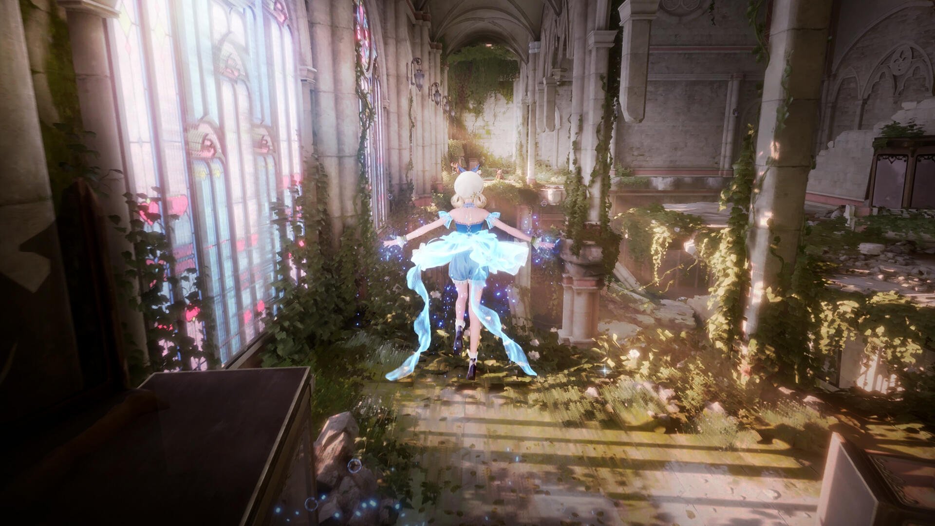 A captivating scene from the video game Infinity Nikki, featuring a character in a flowing blue outfit, surrounded by an overgrown, sunlit corridor with stained glass windows.