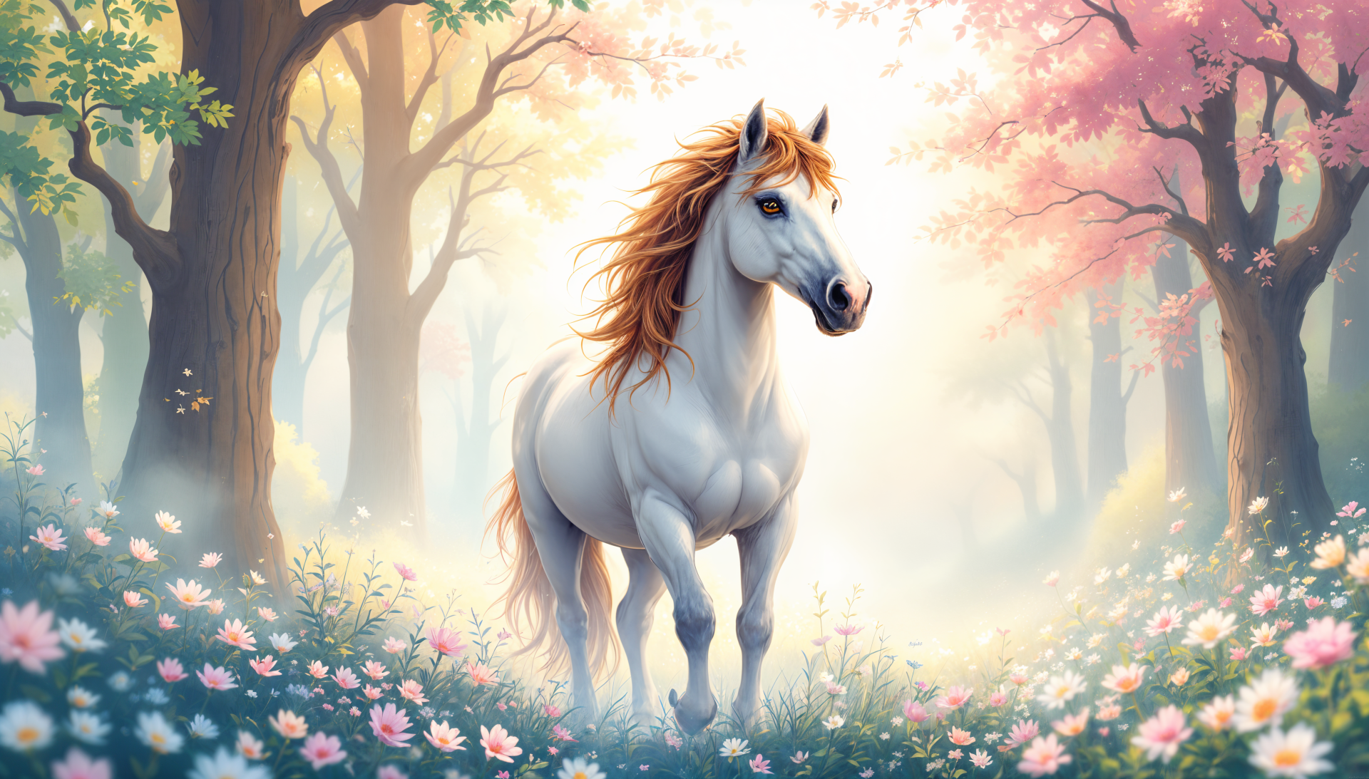 A majestic white horse stands amidst a vibrant forest, surrounded by colorful flowers and soft light, creating a serene and enchanting atmosphere in this 4K Ultra HD desktop wallpaper.