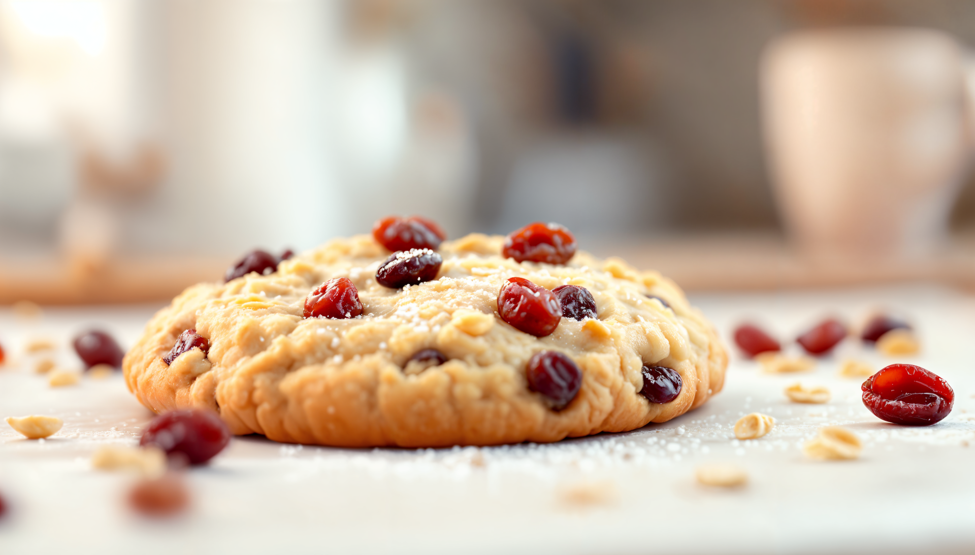 A close-up of a freshly baked oatmeal raisin cookie, with plump raisins and oats, set against a softly blurred kitchen background. This 4K Ultra HD image makes for a vibrant desktop wallpaper.