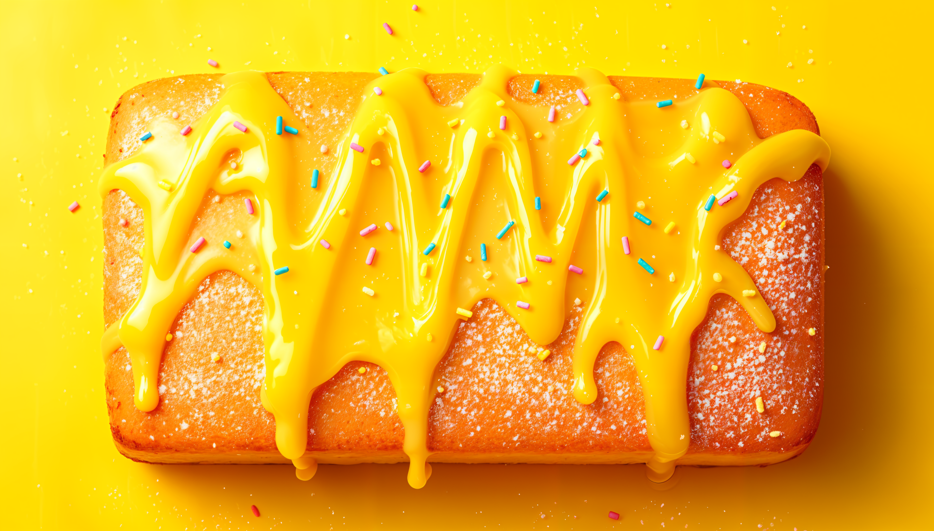 A vibrant lemon drizzle cake topped with a glossy yellow glaze and colorful sprinkles, set against a bright yellow background, designed as a 4K Ultra HD PC desktop wallpaper.