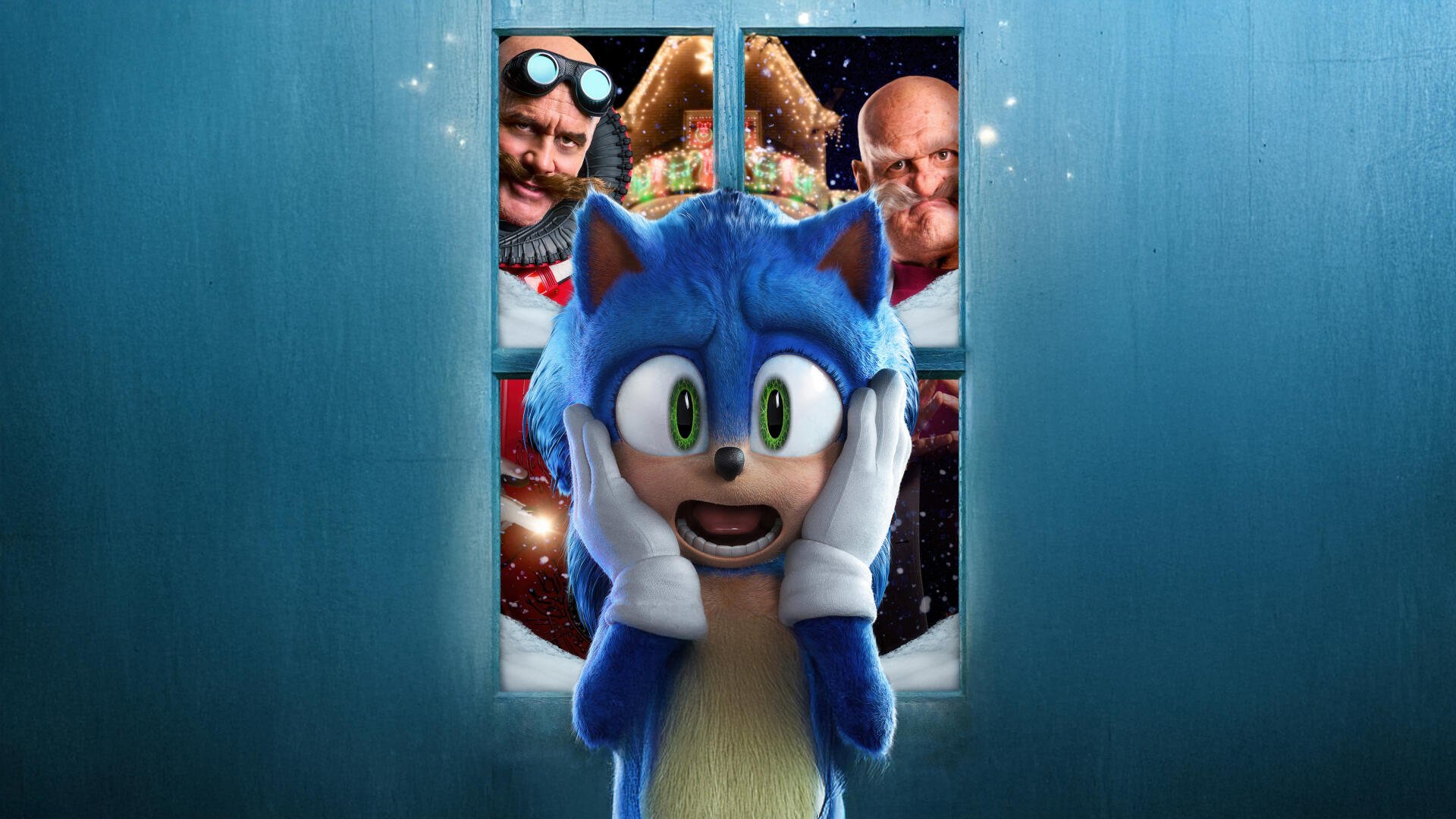 Sonic the Hedgehog appears shocked in front of a window showing Dr. Robotnik and another character, presented as a 4K Ultra HD PC desktop wallpaper from Sonic the Hedgehog 3.