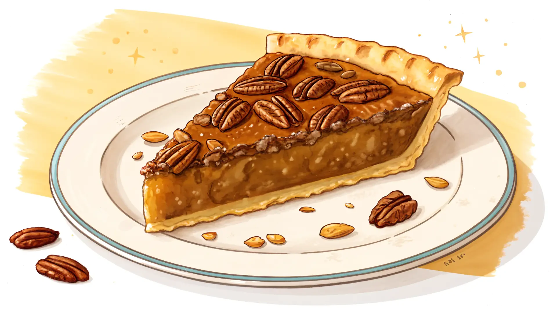 A detailed 4K Ultra HD illustration of a pecan pie slice on a white plate, showcasing a rich dessert with whole pecans and sweet filling, set against a subtle golden background.