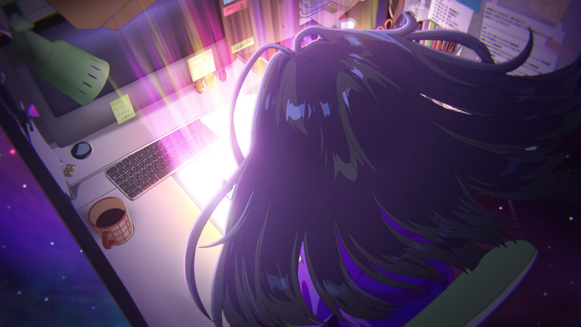 A captivating anime-themed HD desktop wallpaper featuring a character with long hair, surrounded by a vibrant, glowing workspace filled with books and a laptop.