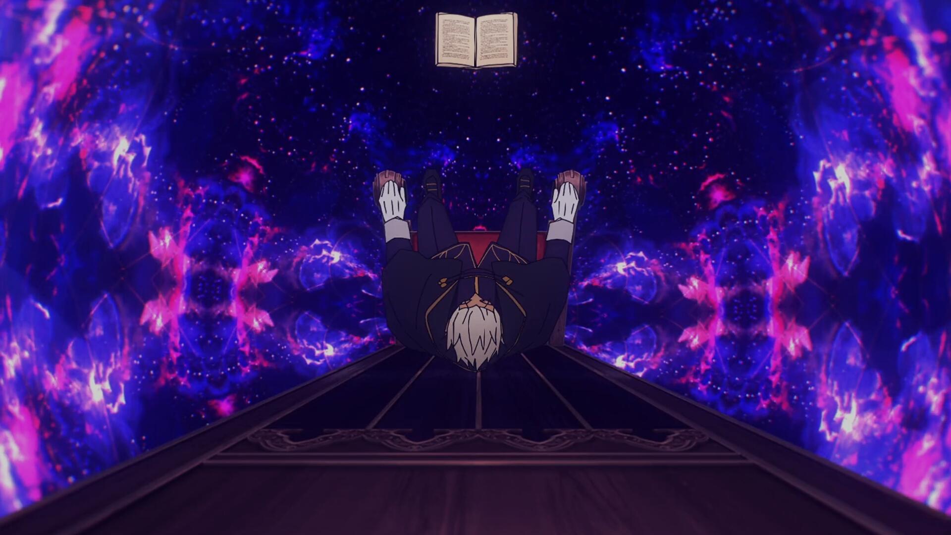 An HD desktop wallpaper from the anime Fate/strange fake, featuring a character suspended on a path with a mystical background of stars and swirling colors, highlighted by an open book above.