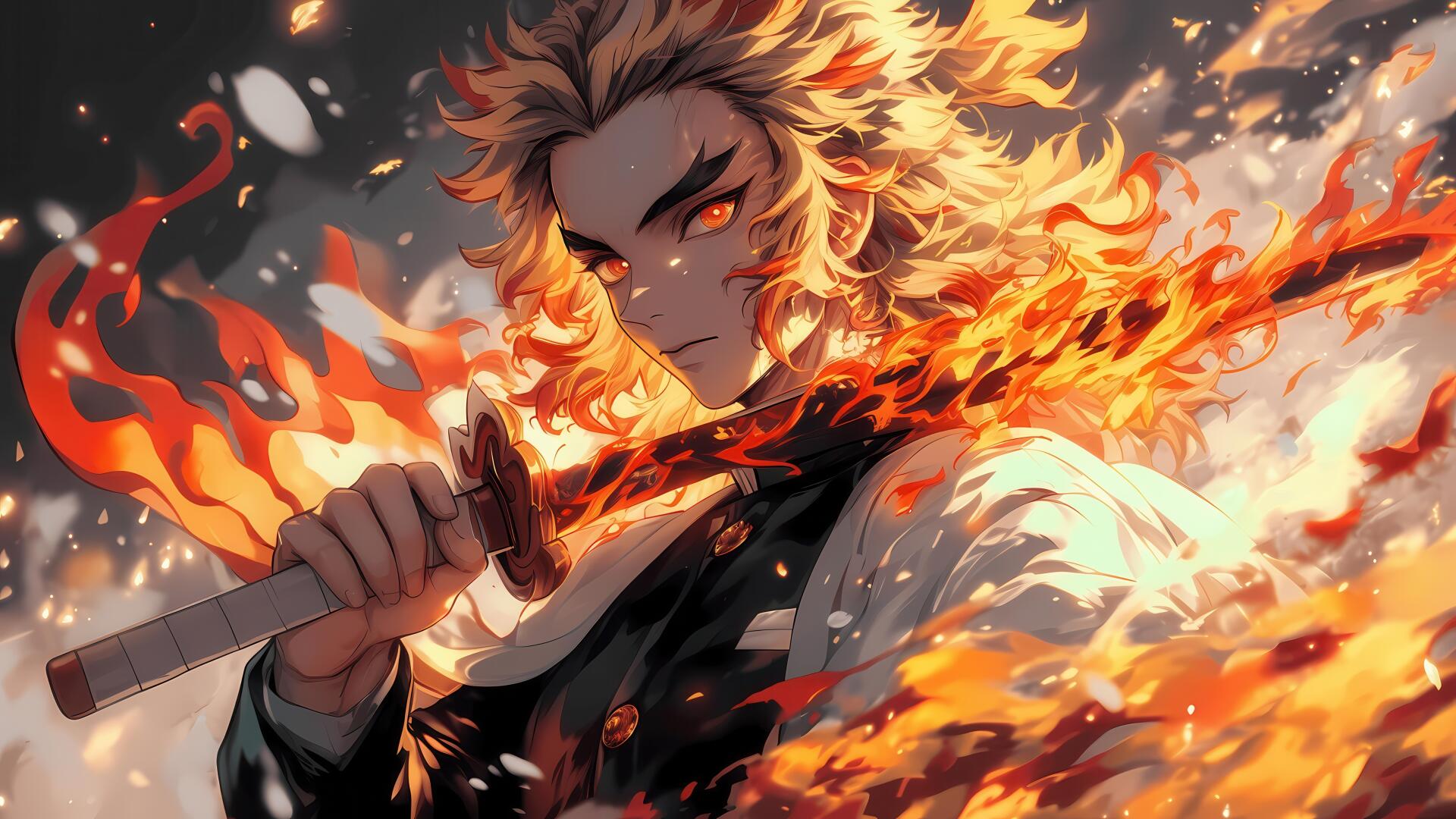 Kyojuro Rengoku from Demon Slayer: Kimetsu no Yaiba is depicted wielding a flaming sword in a vibrant 4K Ultra HD PC desktop wallpaper.