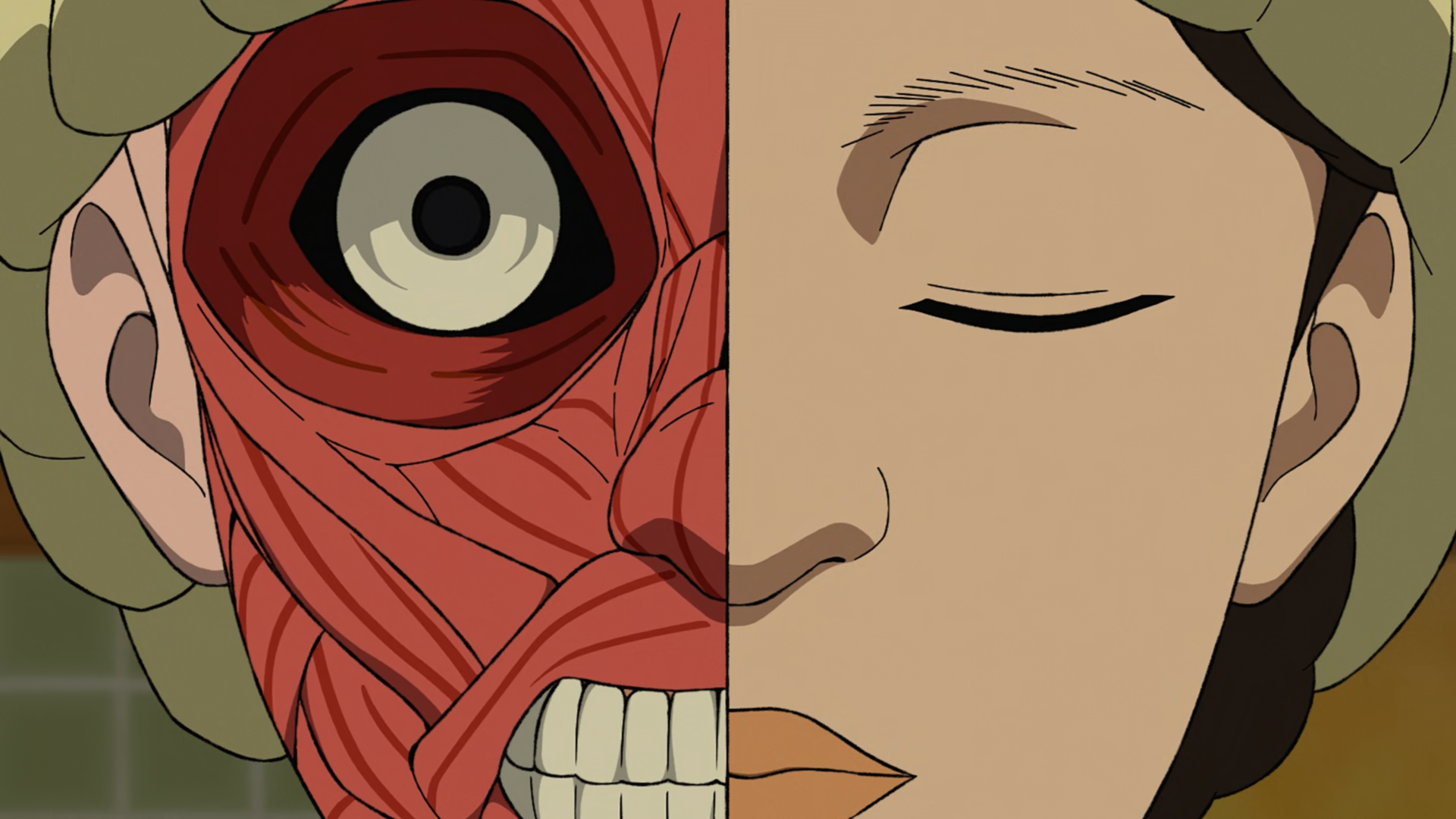 Dandadan 2K desktop wallpaper — split-face close-up: one half exposed musculature and wide eye, the other half a calm closed-eyed face; tags: Momo Ayase, Jin Enjouji, Seiko Ayase, Ken Takakura