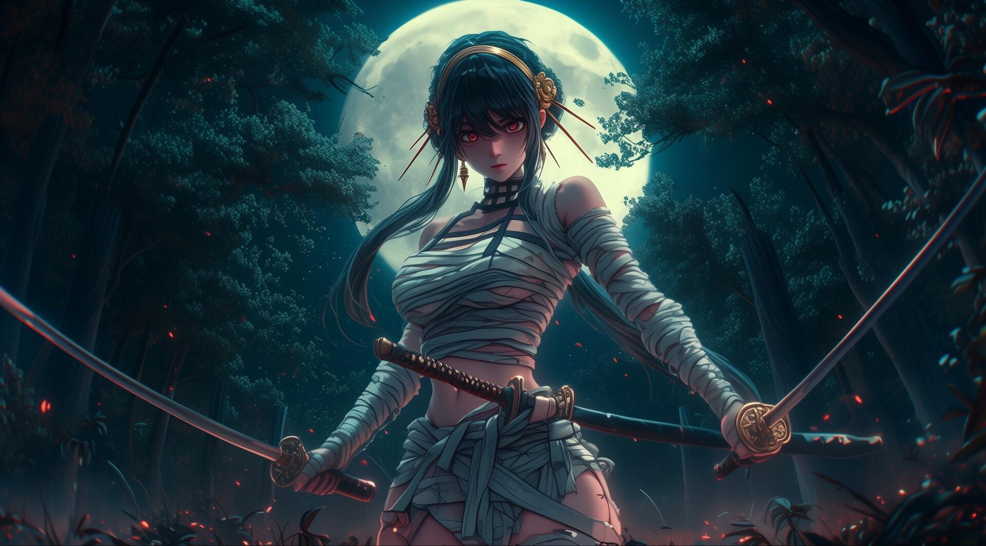 A fierce girl warrior wrapped in bandages grips twin swords under a glowing full moon, set against a dark, atmospheric background in this HD PC desktop wallpaper.