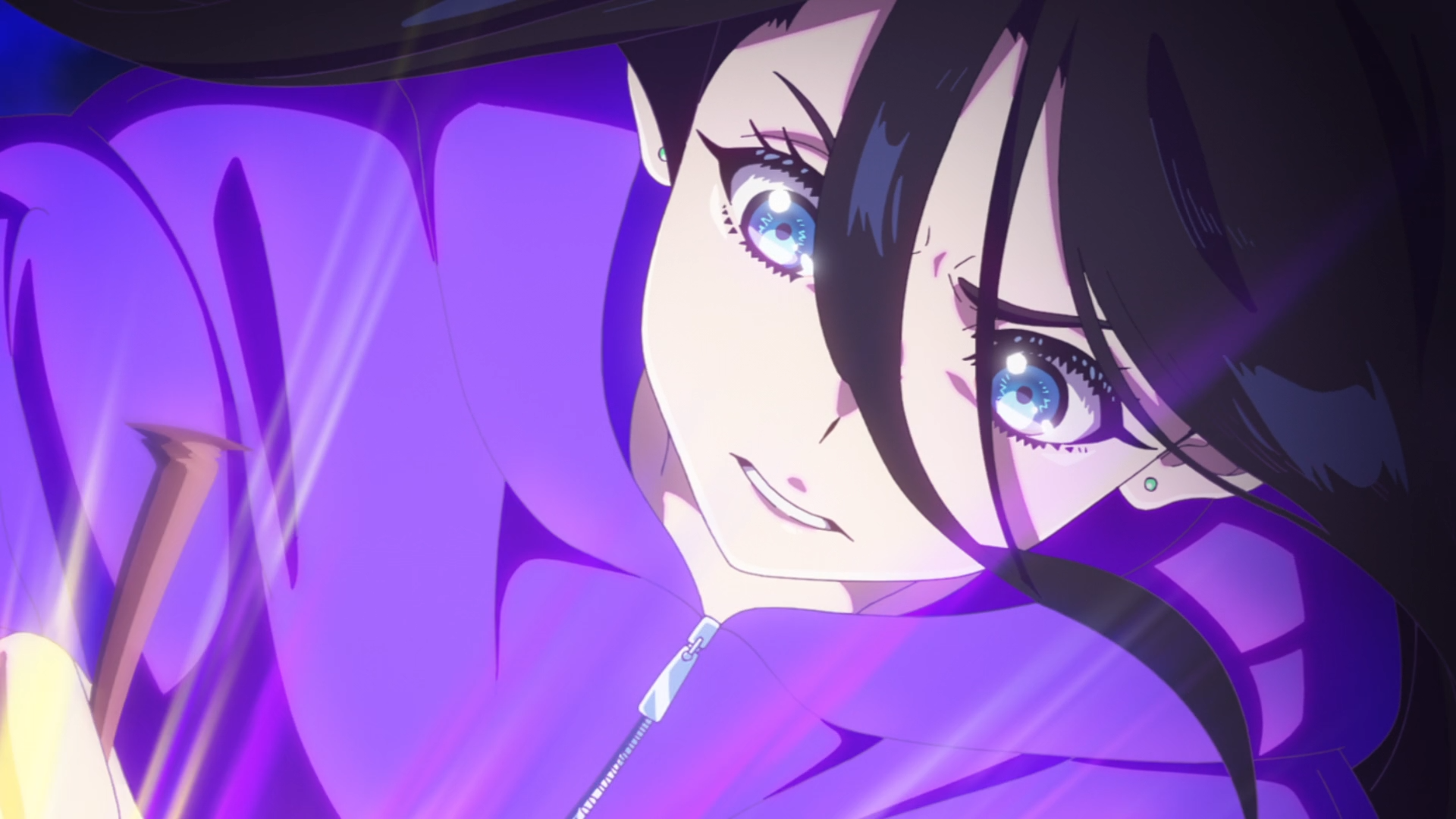 HD anime desktop wallpaper featuring a close-up of a determined female character with vibrant blue eyes, rendered in Zenshu style by Natsuko Hirose.