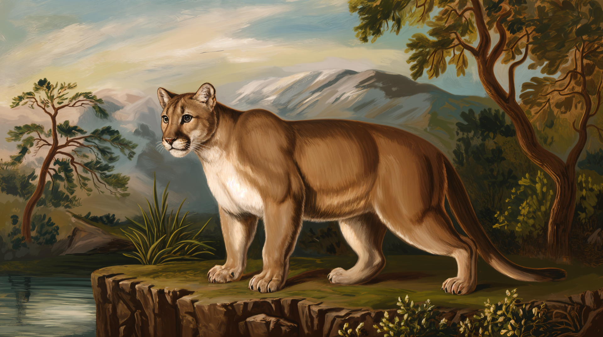 A majestic mountain lion stands on a rocky ledge, surrounded by lush vegetation and mountains in the background, captured in stunning 4K Ultra HD for a desktop wallpaper.