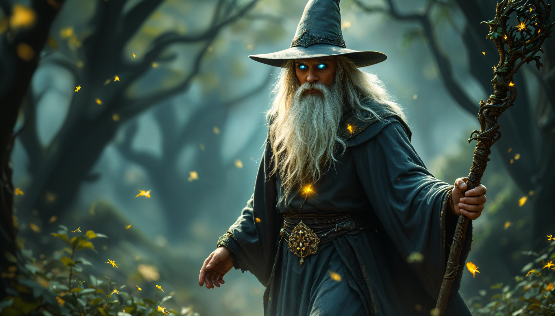 A mystical figure resembling Gandalf walks through an enchanted forest, illuminated by soft light and surrounded by floating particles, showcasing a stunning 4K Ultra HD backdrop.