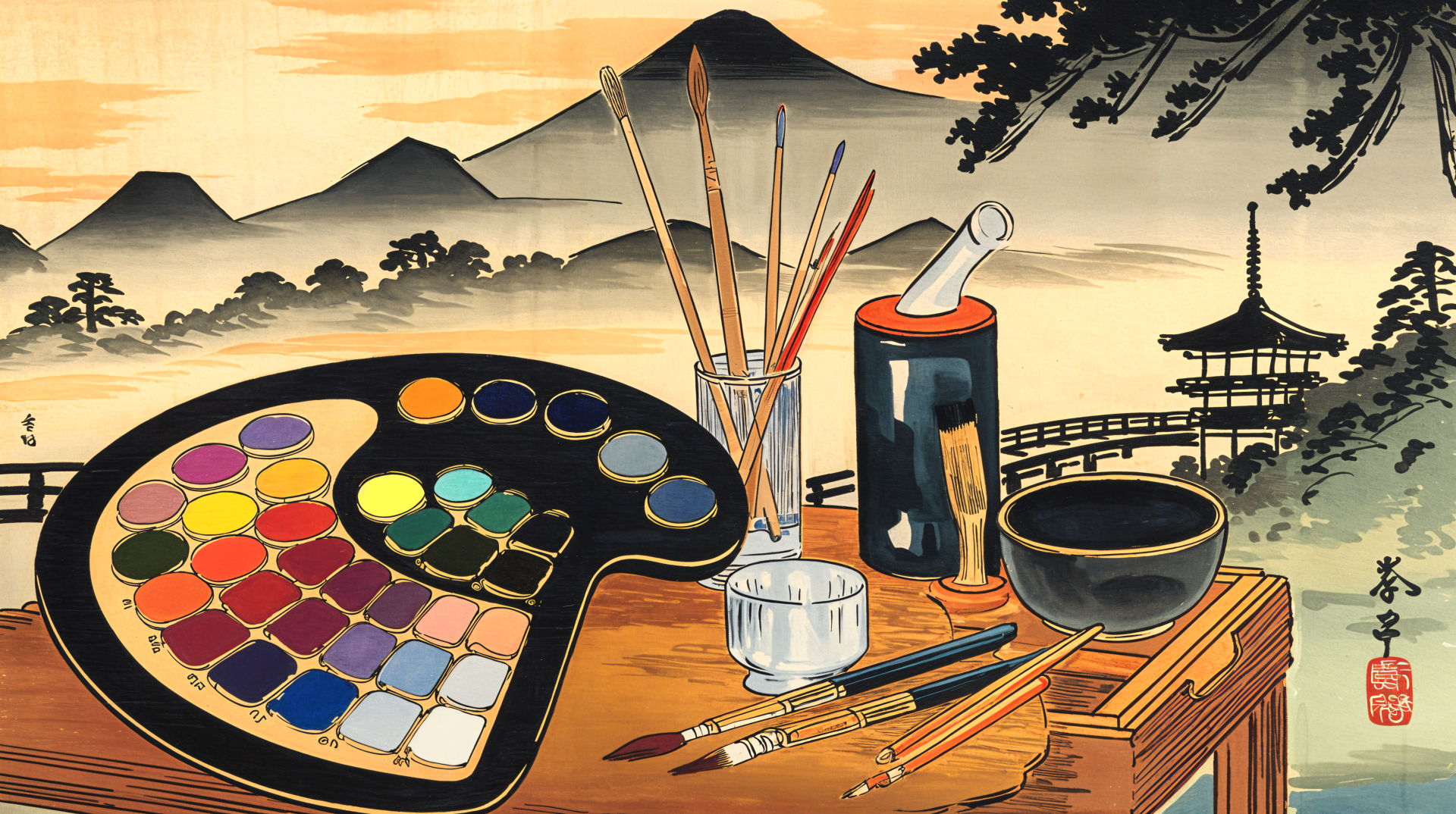 4K Ultra HD desktop wallpaper featuring a detailed painting setup with a color palette, brushes, and art supplies against a serene Japanese landscape background.