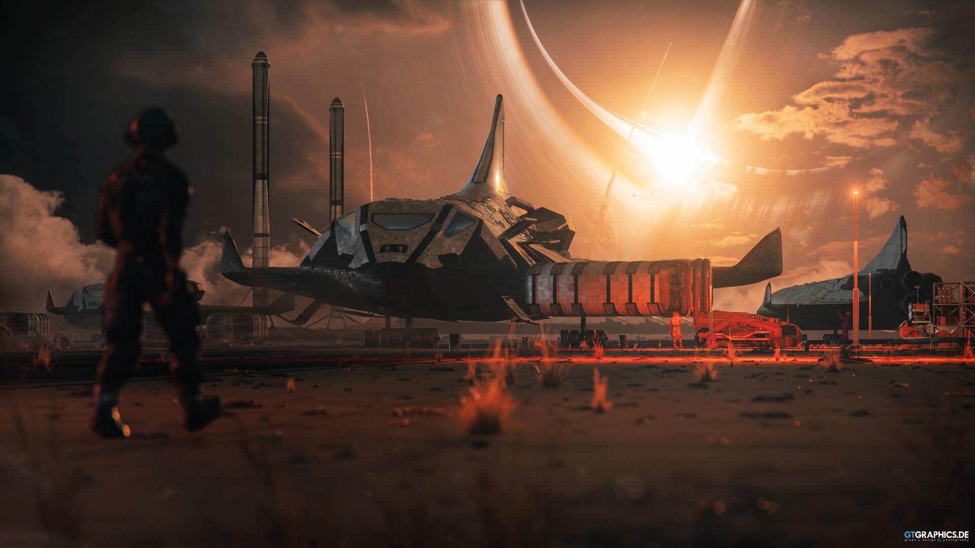 Download Eclipse Sci Fi Spaceship Landscape Person 4k Ultra HD Wallpaper by Tobias Roetsch