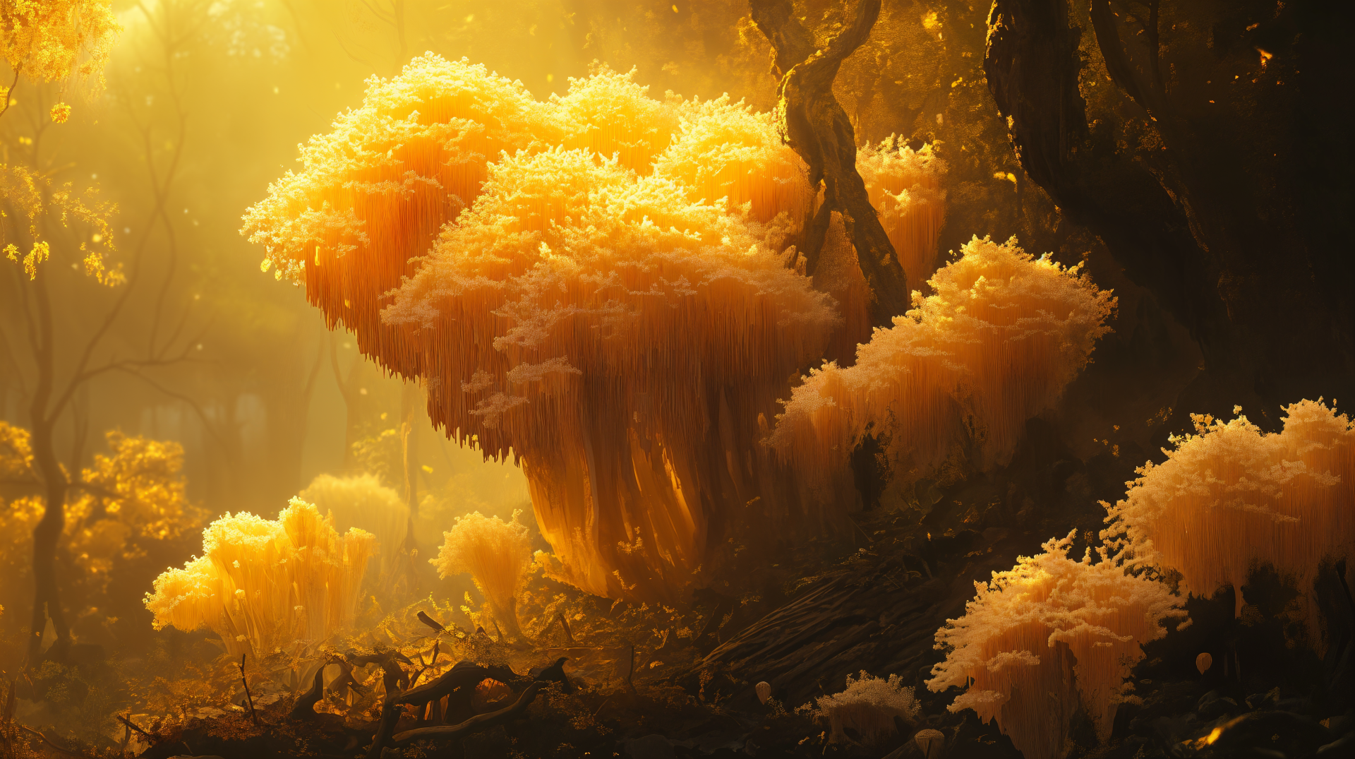 A vibrant lion's mane mushroom cluster illuminated by golden light, set against a mystical forest backdrop. This stunning image serves as a 4K Ultra HD desktop wallpaper.