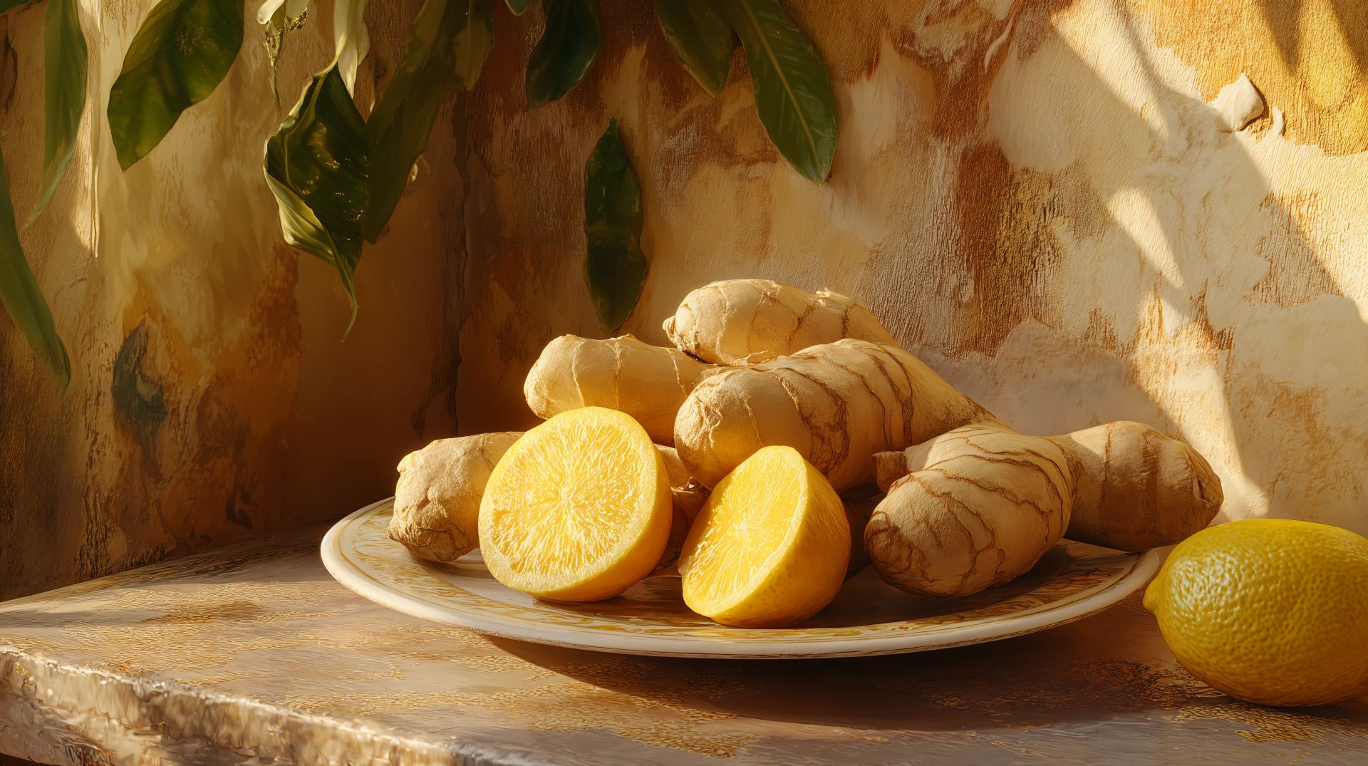 A plate of fresh ginger and sliced lemons sits on a rustic table, surrounded by leafy greenery. This vibrant 4K Ultra HD wallpaper captures the essence of natural ingredients.