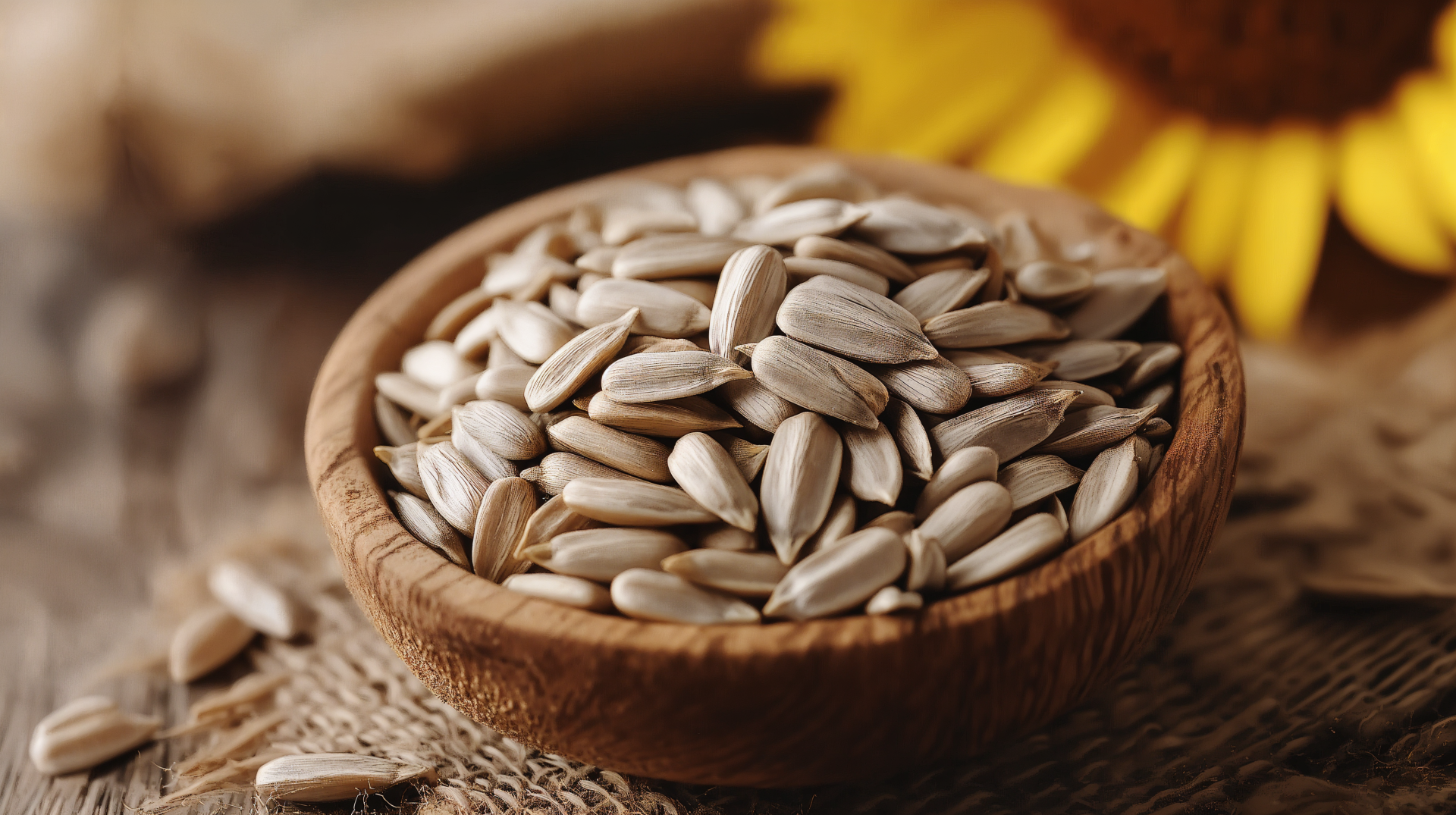 A close-up of a wooden bowl filled with sunflower seeds, set against a backdrop of natural textures, accompanied by a sunflower, captured in 4K Ultra HD quality.