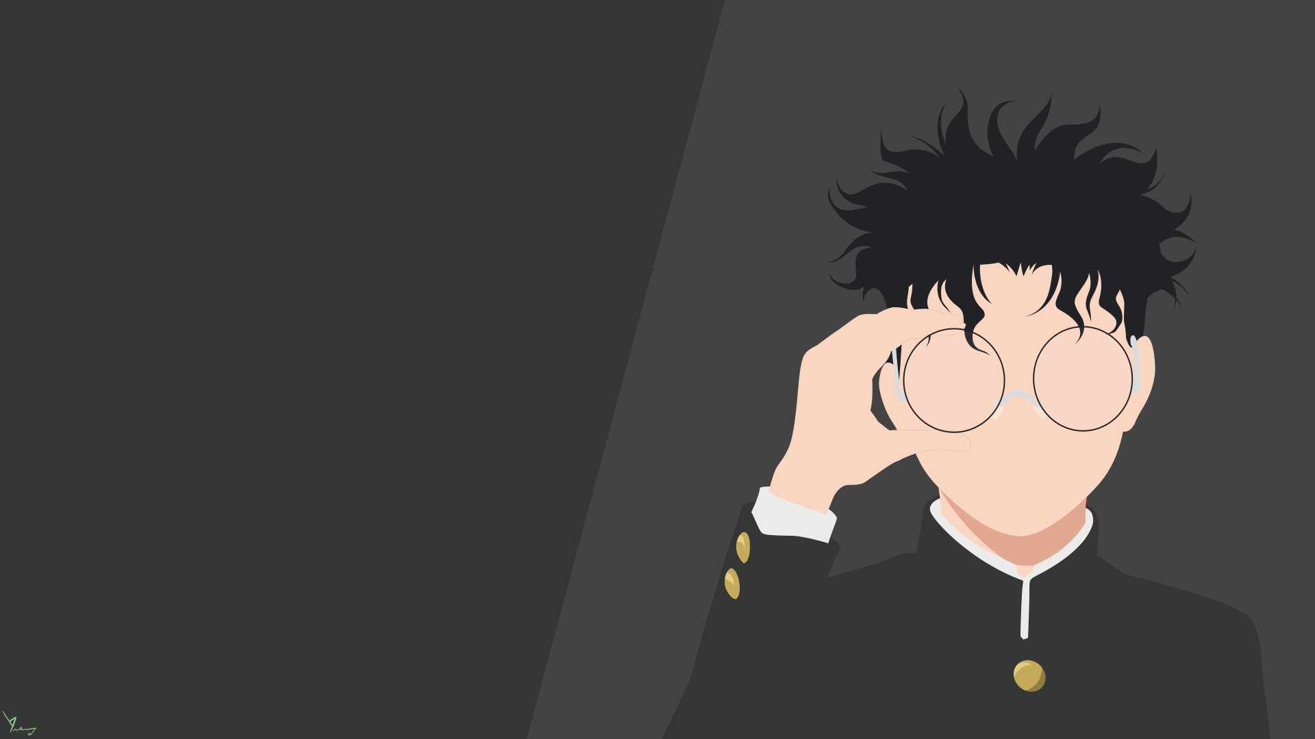 Minimalist 4K Ultra HD anime wallpaper featuring a faceless character from Dandadan with tousled black hair and round glasses, inspired by Ken Takakura's style.