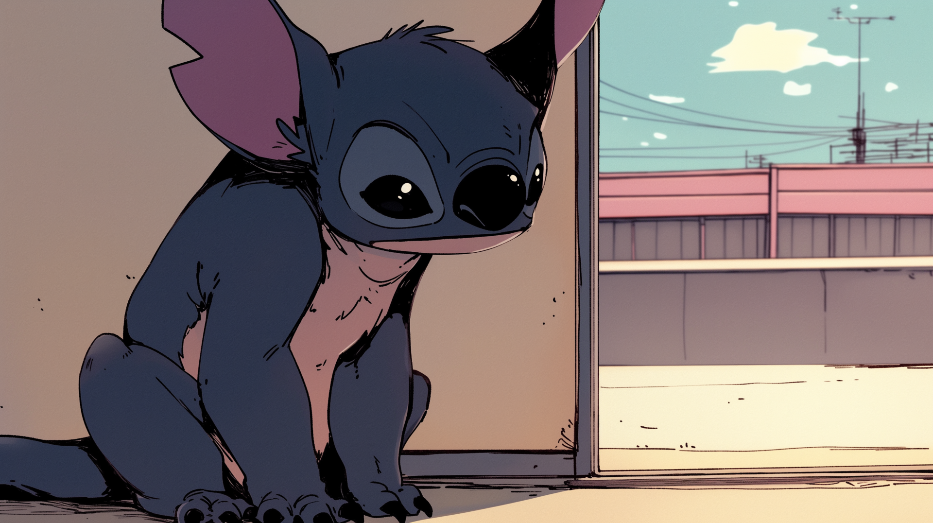 A colorful HD wallpaper featuring Stitch from the TV show Lilo & Stitch, seated near an open door, with a bright sky backdrop.