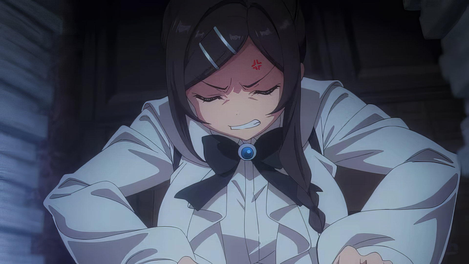 A determined anime character from I May Be a Guild Receptionist But I'll Solo Any Boss to Clock Out on Time, ready to tackle a challenge with fierce determination. HD wallpaper for desktop.