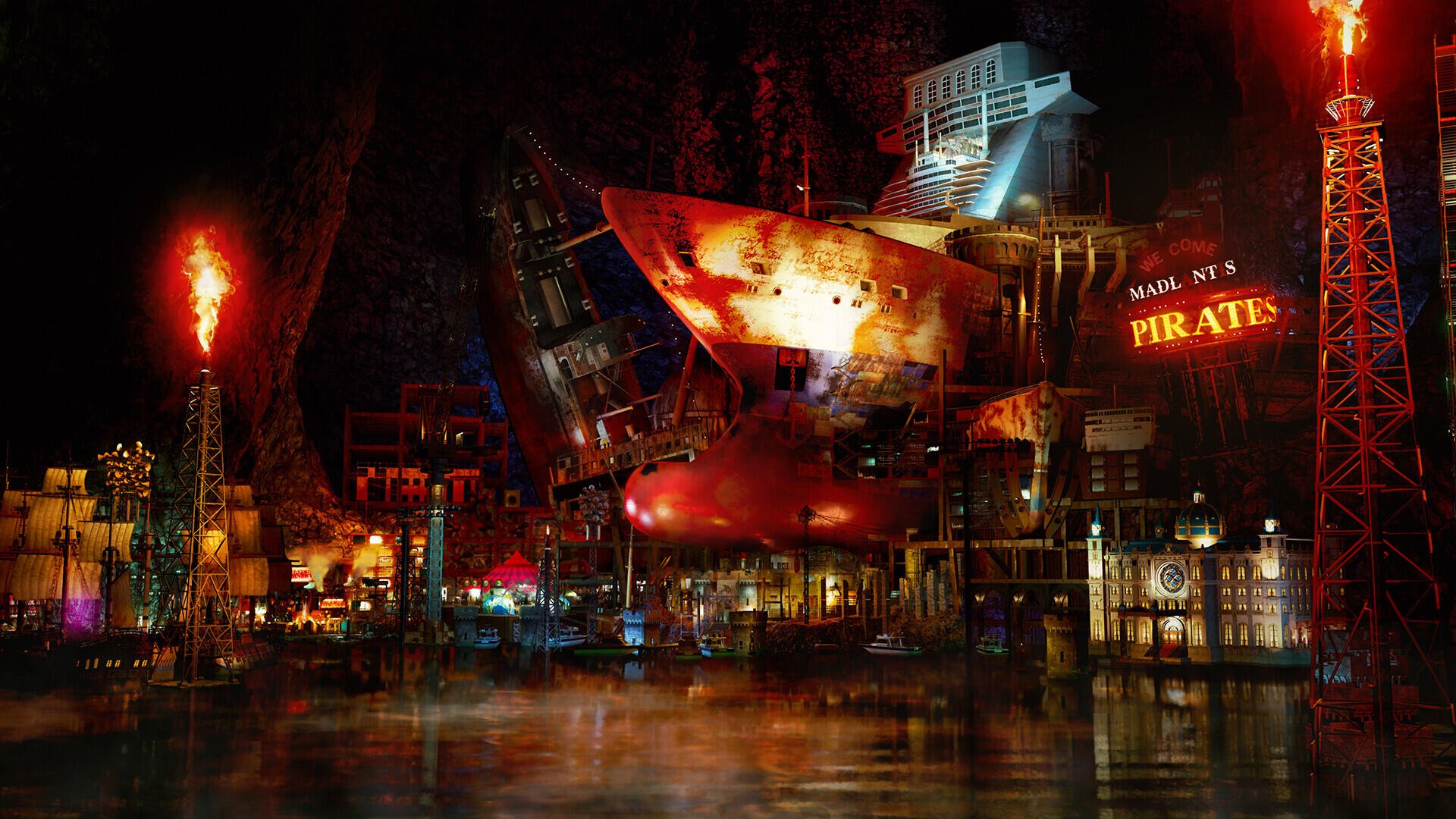 HD wallpaper depicting a vibrant scene from the video game Like a Dragon: Pirate Yakuza, featuring a striking pirate ship illuminated by colorful lights in a lively Hawaiian setting.