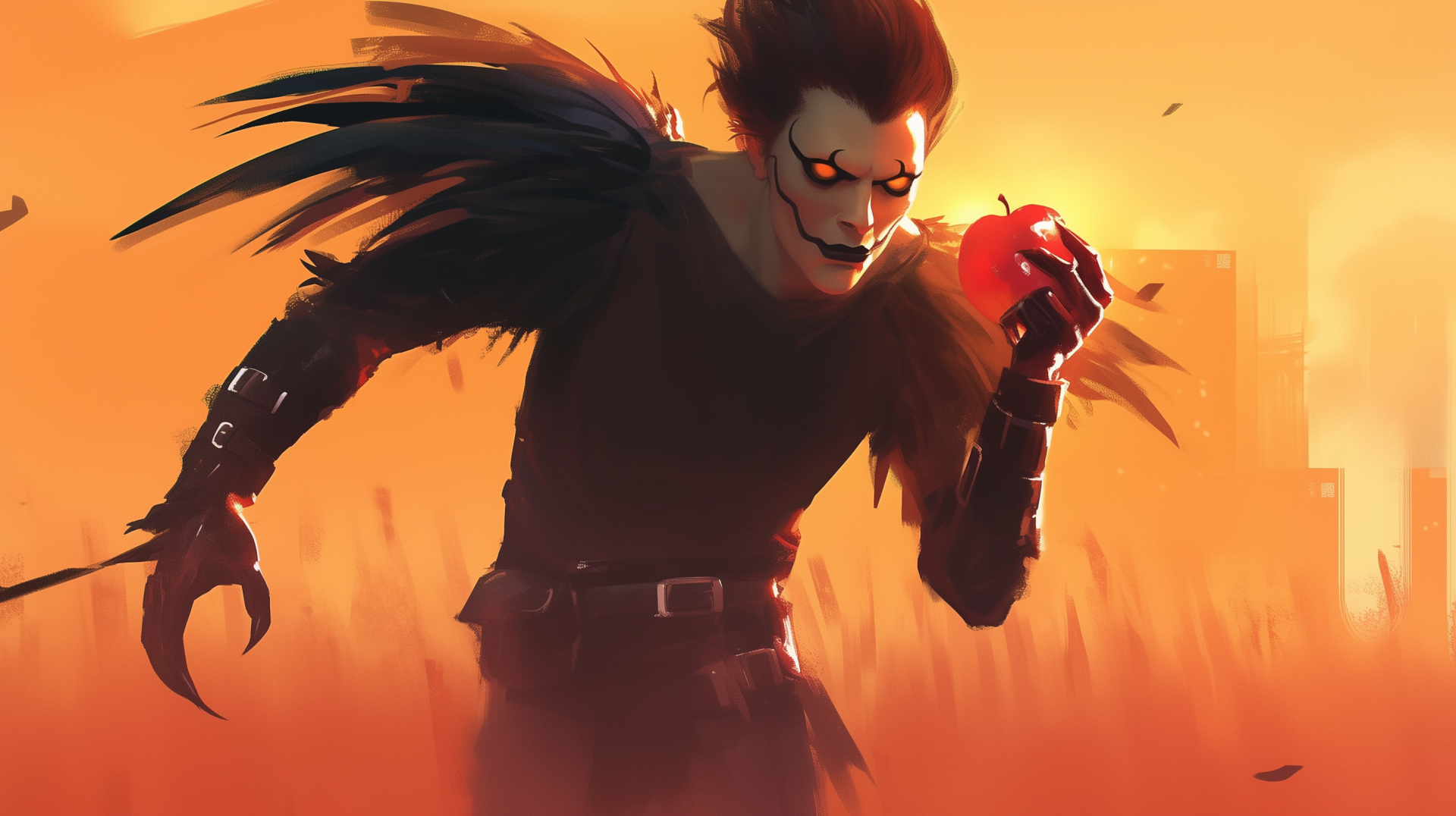 A striking HD wallpaper featuring Ryuk from Death Note, showcasing his menacing figure with dark wings and an eerie expression, holding an apple against a dramatic sunset backdrop.