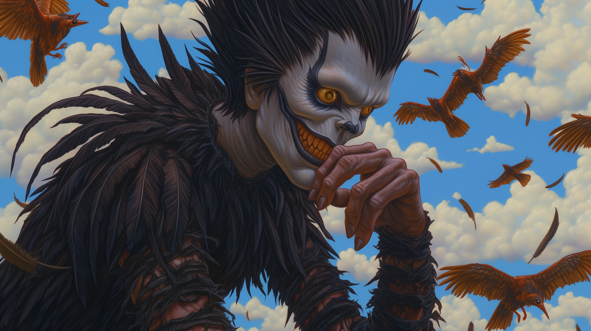 An HD desktop wallpaper featuring Ryuk from the anime Death Note, showcasing his menacing expression against a backdrop of clouds and flying birds.