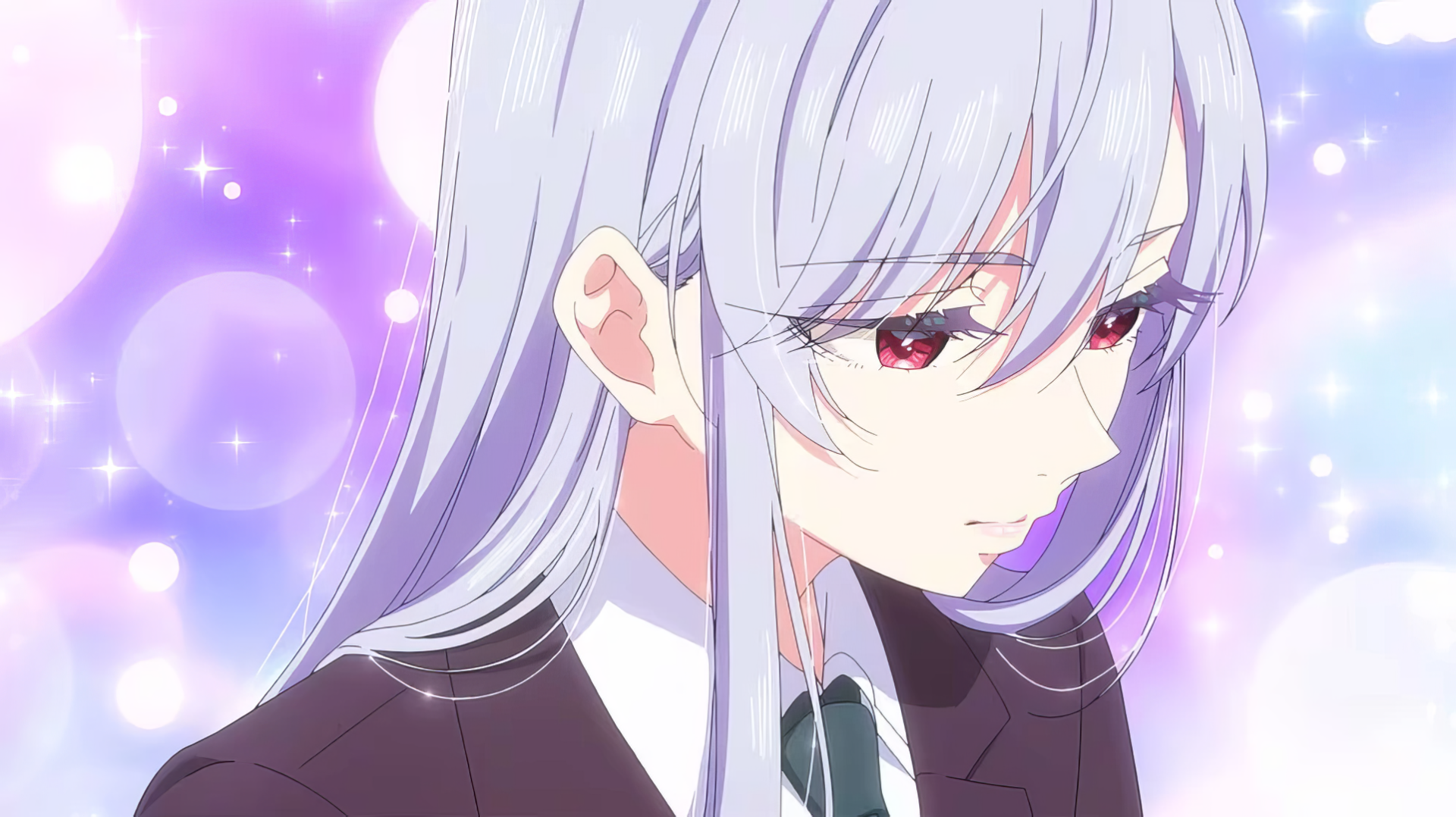 A close-up of an anime character from The 100 Girlfriends Who Really Really Really Really Really Love You, featuring long gray hair and red eyes against a vibrant, colorful background.
