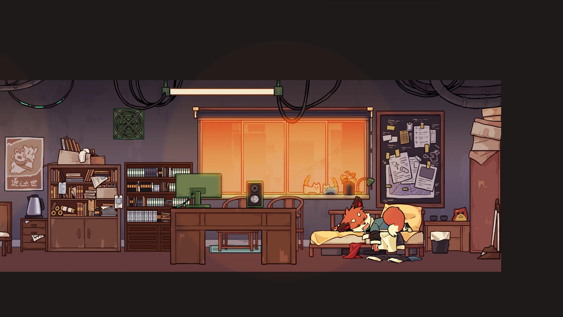 A cozy scene from the video game *Threefold Recital*, featuring two characters in a warmly lit room filled with books, a desk, and a window showcasing a glowing sunset.