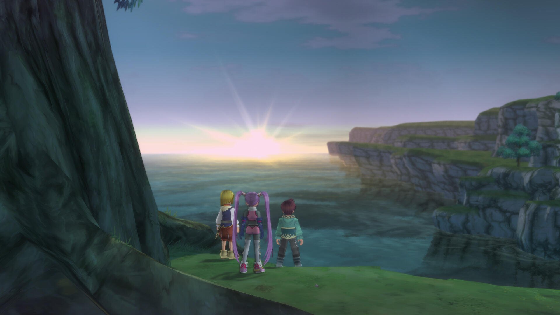A serene landscape from *Tales of Graces f Remastered*, featuring characters overlooking a tranquil sea and distant cliffs, captured in stunning 4K Ultra HD.