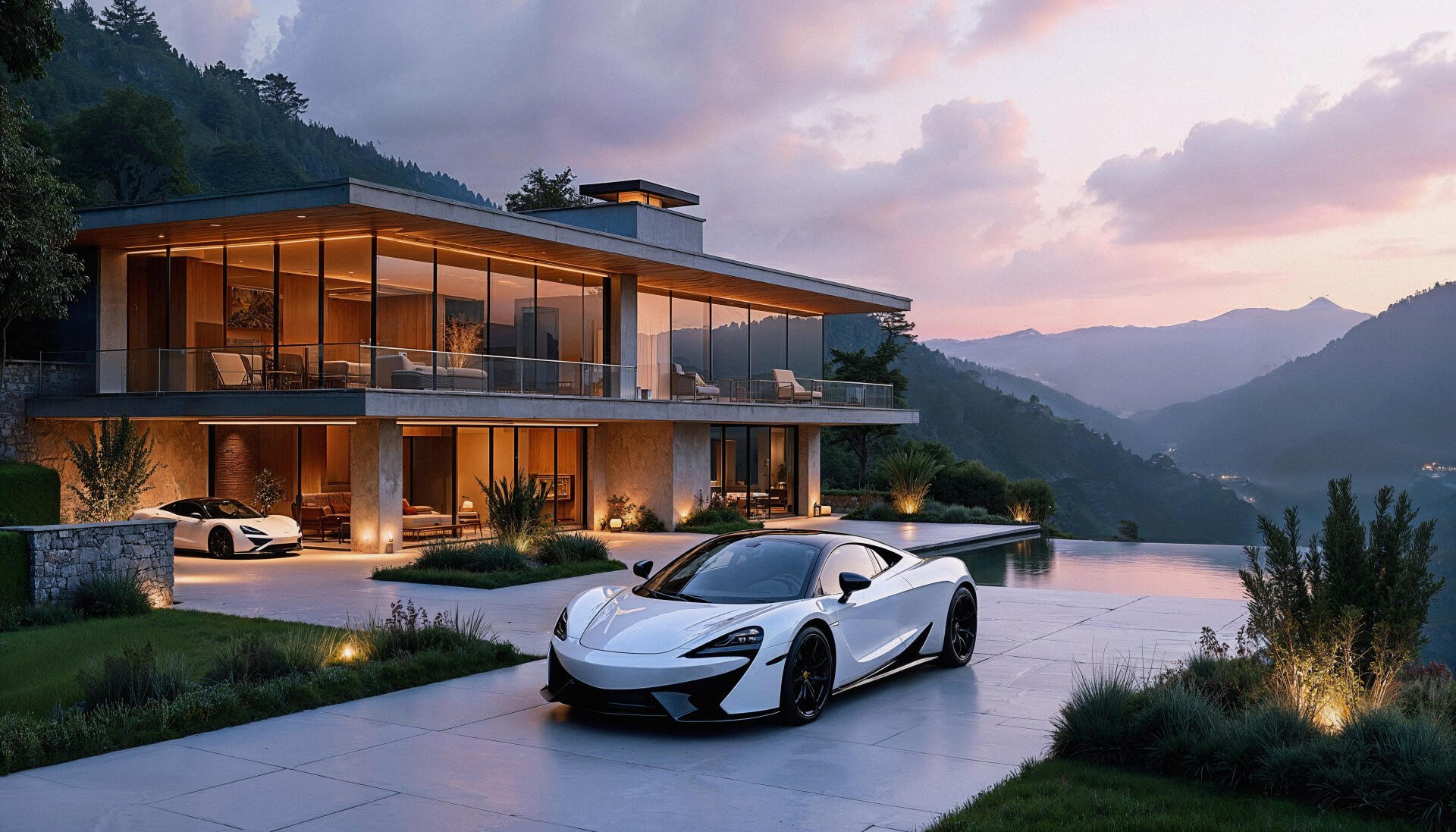 4K Ultra HD wallpaper of a modern glass home at dusk with two sleek white sports cars parked outside, set against a mountainous backdrop.