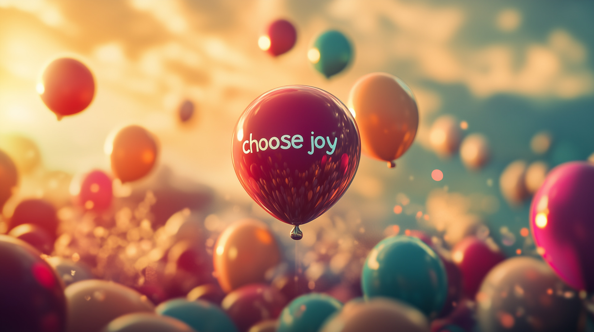 HD desktop wallpaper featuring colorful balloons with one red balloon prominently displaying the motivational phrase choose joy against a warm, glowing background.