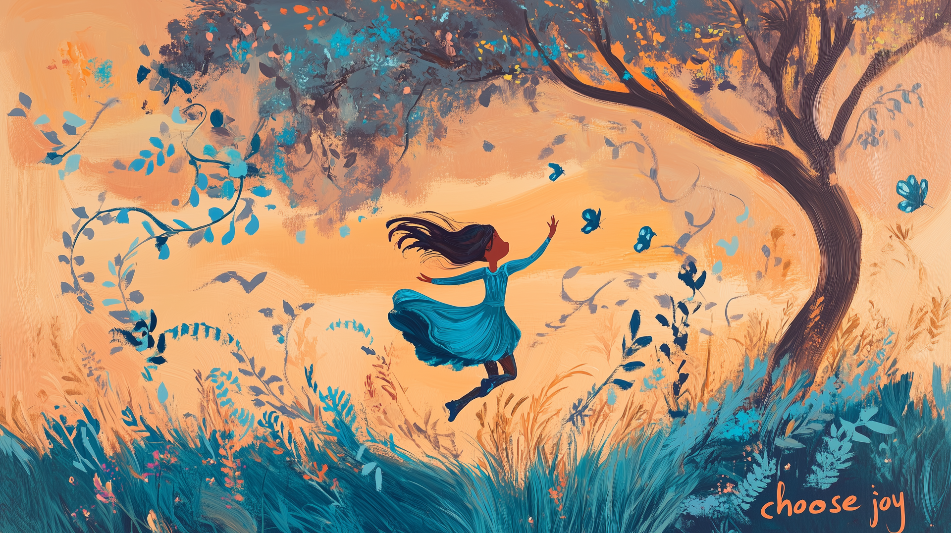 A vibrant HD desktop wallpaper featuring a girl dancing joyfully in a lush, colorful landscape, surrounded by nature and butterflies, embodying the theme Choose Joy.