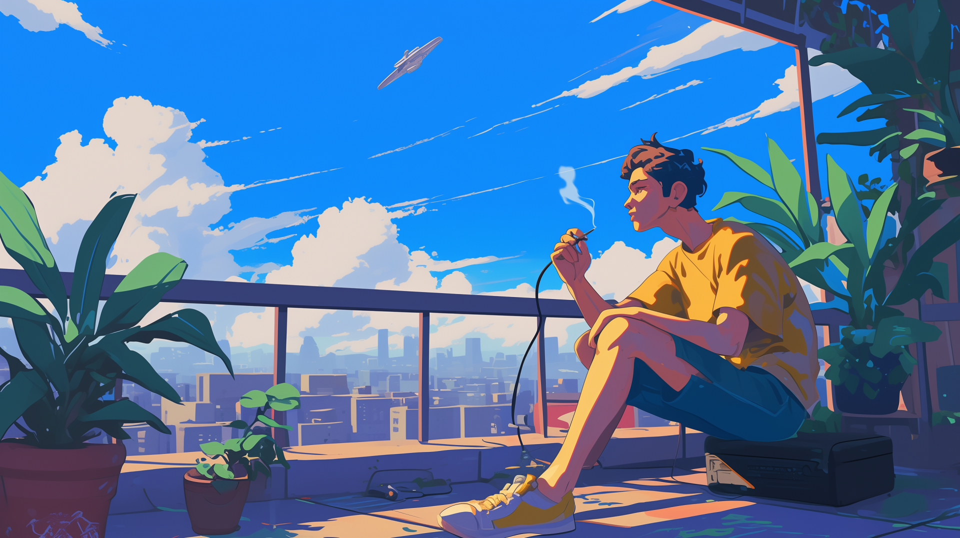 A serene anime-inspired scene depicting a young person on a terrace, enjoying a moment of peace while surrounded by lush plants and a vibrant city skyline under a bright blue sky.