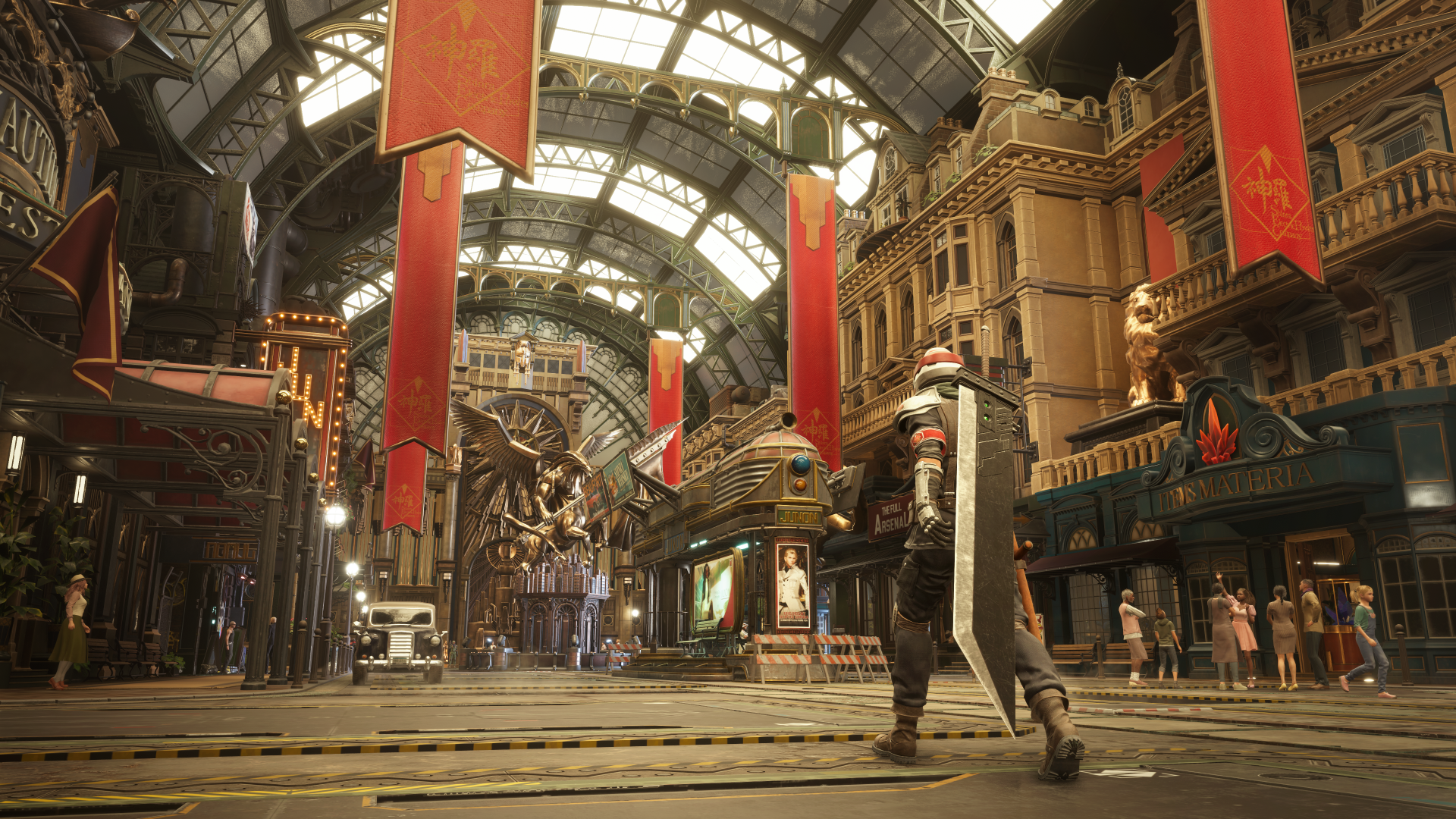 A stunning 4K Ultra HD wallpaper from Final Fantasy VII Rebirth, showcasing a detailed cityscape with vibrant banners and intricate architecture.