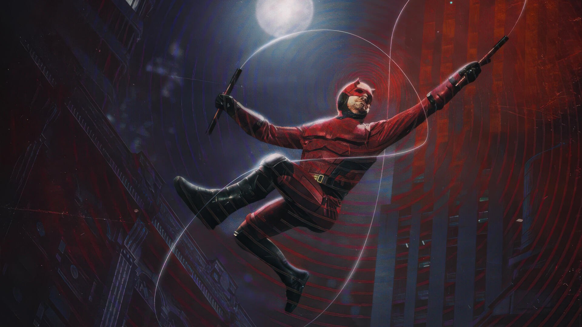 Daredevil: Born Again — red‑suited Daredevil swings through rain and moonlight over a cityscape, 4K Ultra HD PC desktop wallpaper/background.
