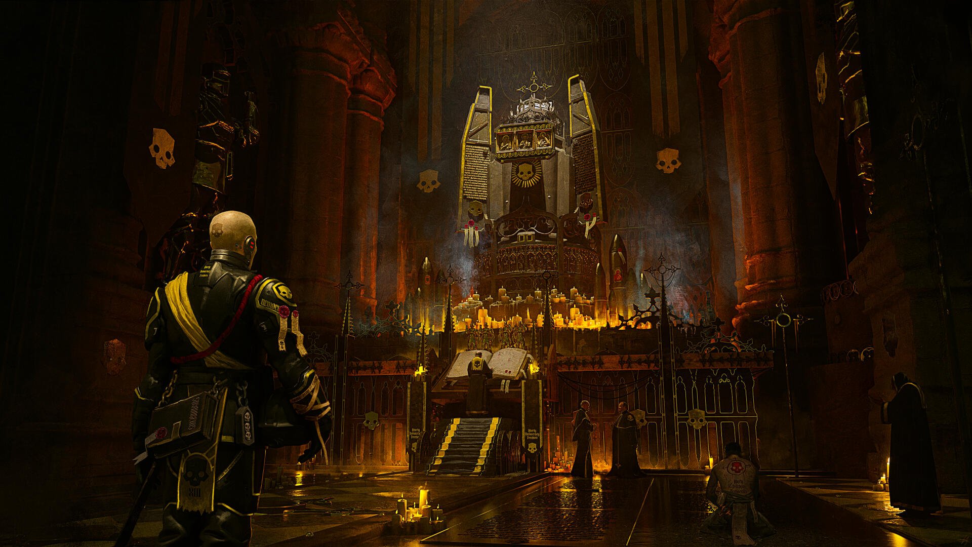 8K Ultra HD wallpaper featuring a dramatic Helldivers 2 scene titled Liberty!, with a lone soldier facing a fiery, imposing altar inside a dark, cavernous temple.