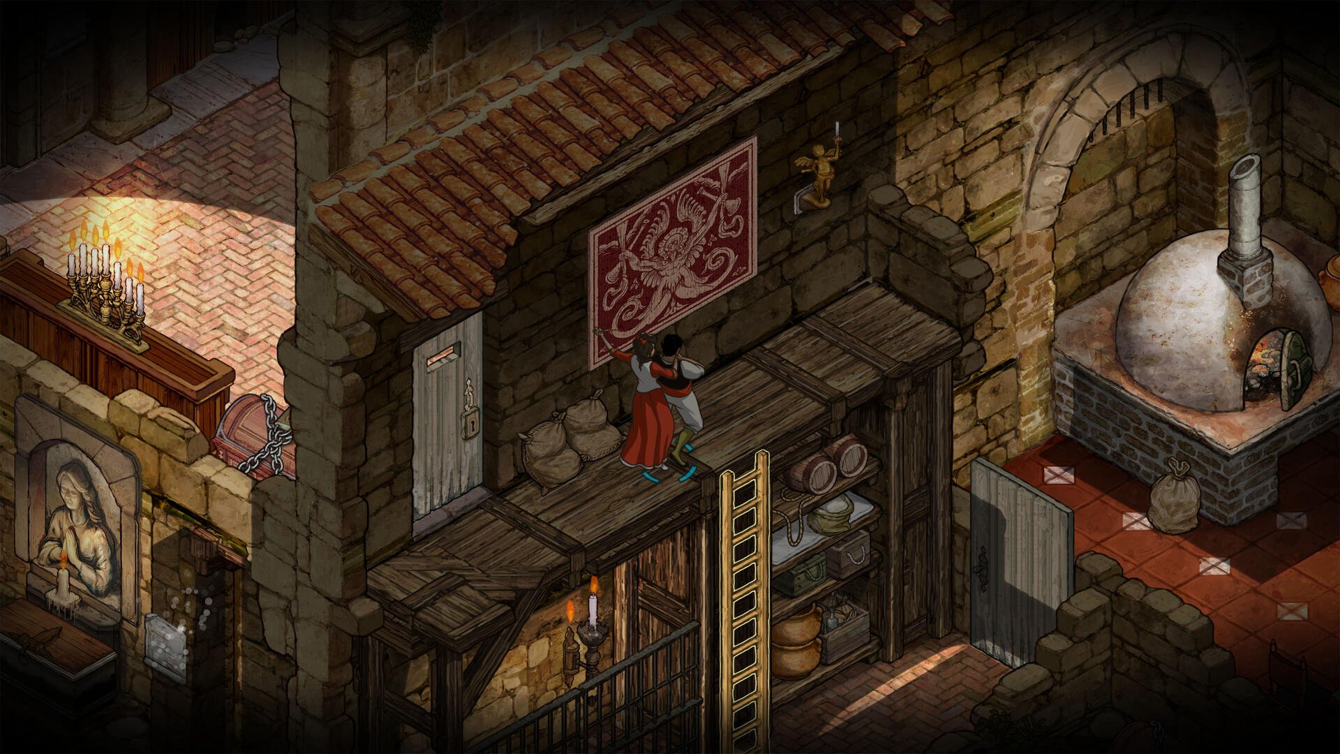 A detailed scene from the video game The Stone of Madness, showcasing a character on a wooden platform in a stone structure, blending fantasy and adventure in 4K Ultra HD.