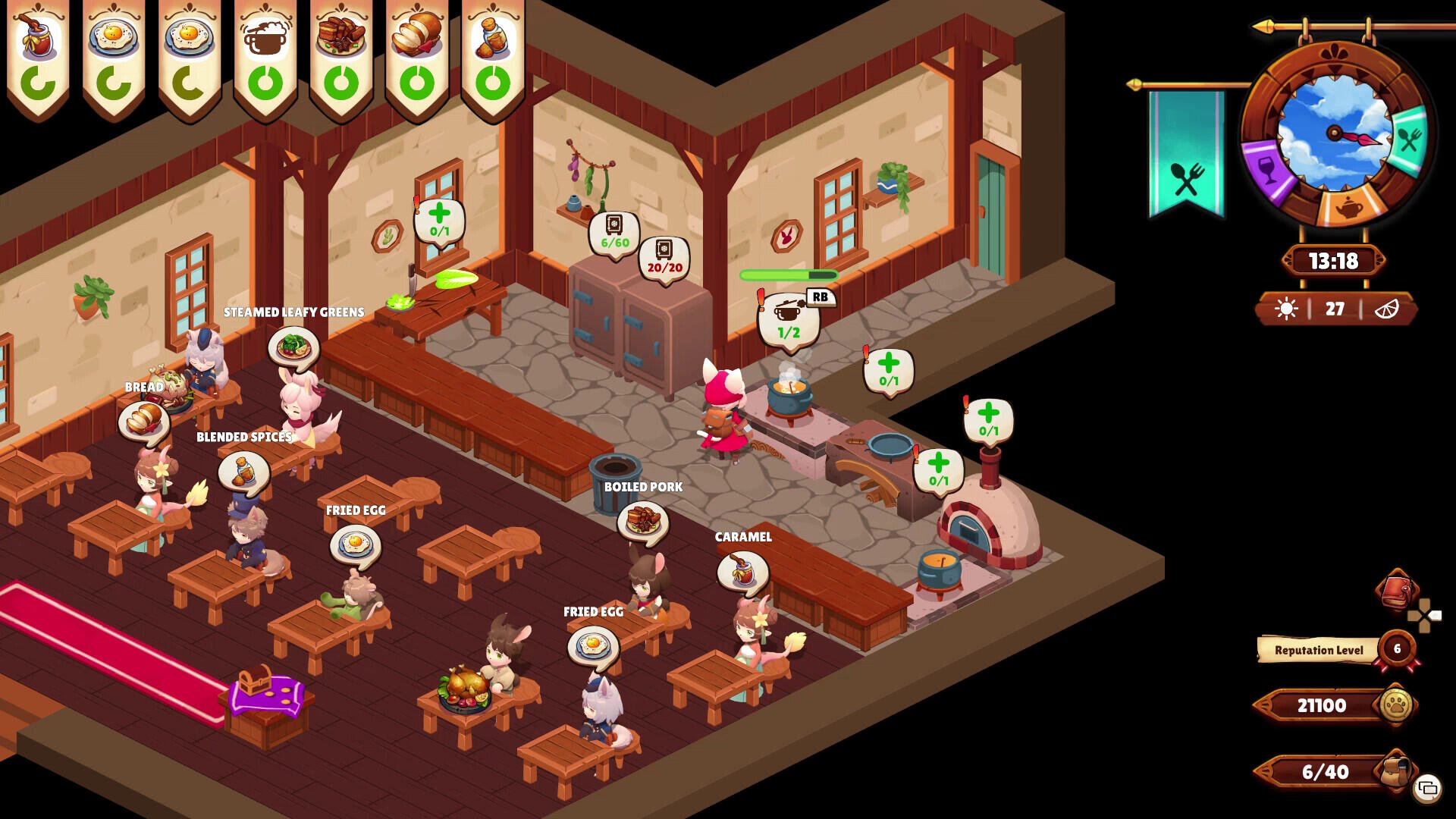A vibrant HD wallpaper from the video game Cuisineer, showcasing a bustling restaurant scene with characters interacting and managing culinary tasks.