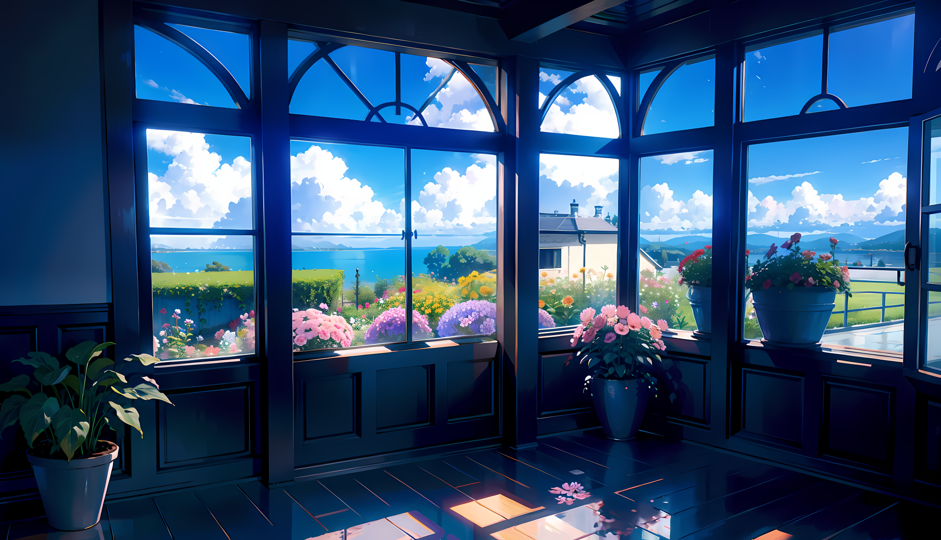 4K Ultra HD AI art of a sunlit room with large windows overlooking a vibrant garden and ocean under a bright blue sky, designed as a PC desktop wallpaper background.