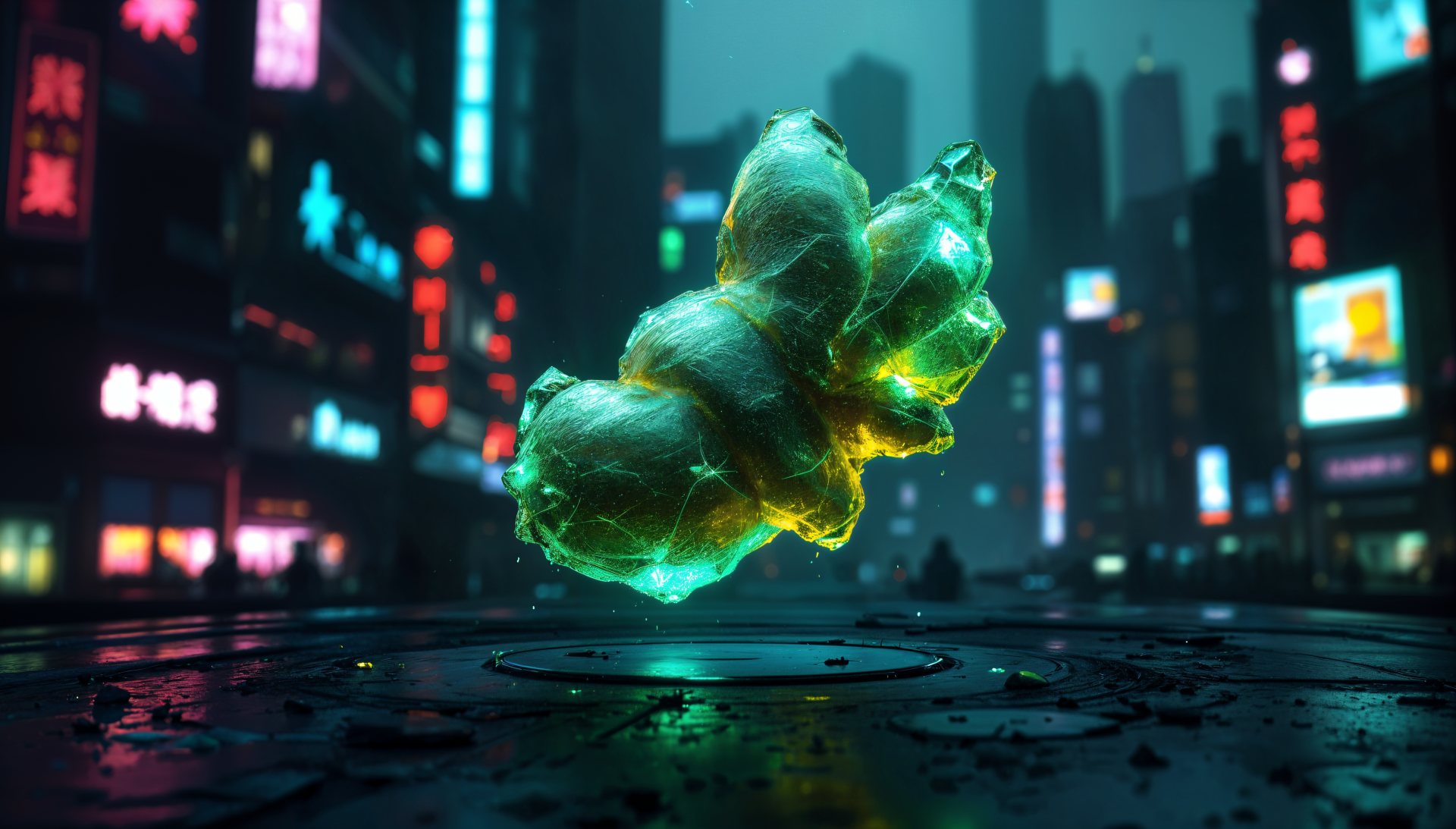 A vibrant, futuristic scene featuring a glowing, ginger-colored abstract shape, set against a backdrop of illuminated city buildings in a moody, neon-lit atmosphere. 4K Ultra HD wallpaper.