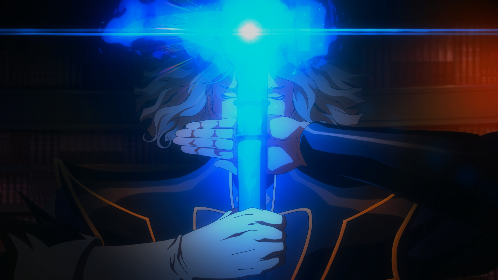 A captivating 4K Ultra HD anime wallpaper featuring a character from Castlevania, wielding a glowing blue light amidst a dramatic backdrop.