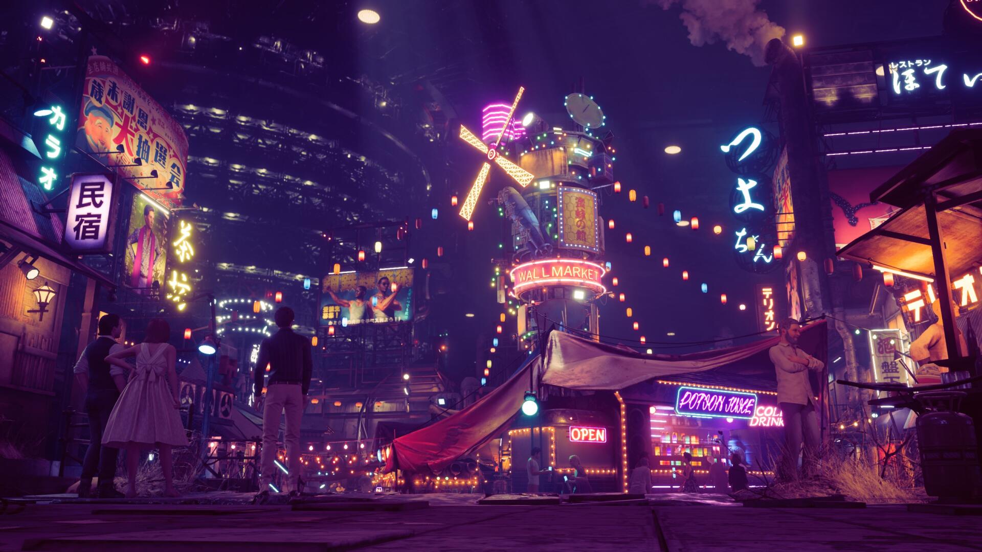 HD PC desktop wallpaper featuring a vibrant, neon-lit cityscape from the video game Final Fantasy VII Remake, capturing its iconic cyberpunk atmosphere.