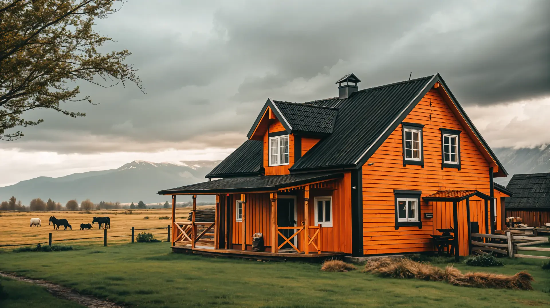 A vibrant orange farmhouse stands against a dramatic sky, surrounded by open fields and distant mountains, captured in stunning 4K Ultra HD for a captivating desktop wallpaper.